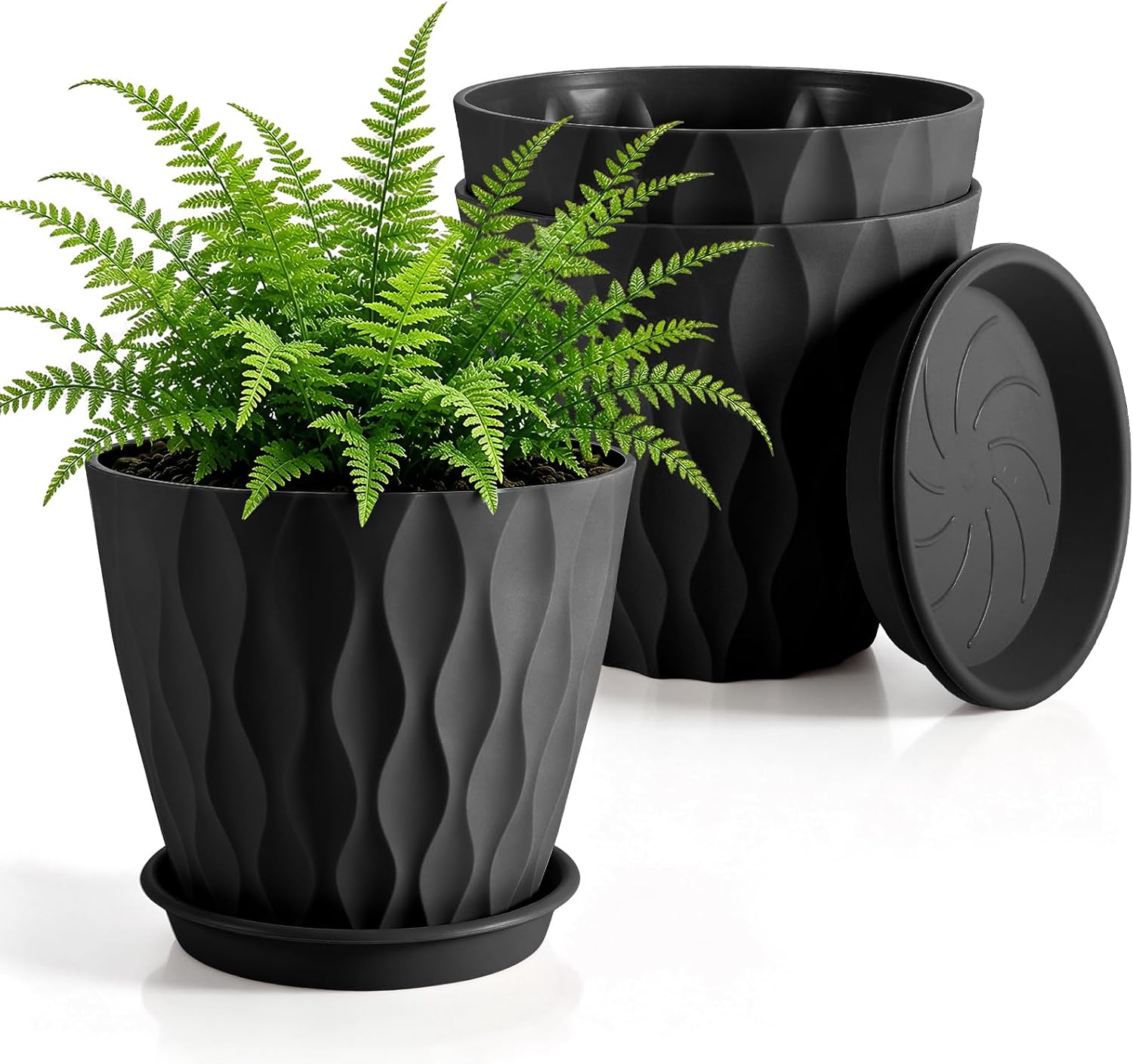 8-inch Planters, 3-Pack, Indoor Planters, Planters with Drainage Holes and Trays, Suitable for Orchids, Violets, Succulents, Herbs, and Other Plants, Black