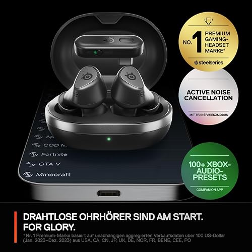 SteelSeries Arctis GameBud pour Xbox - Écouteurs gaming sans fil - 2,4GHz + BT 5.3 - ANC/Transparence - Résistance à l’eau IP55 - Batterie de 40 H - Recharge sans fil - Xbox, PS5, PC, Switch 2 -Noir - 3