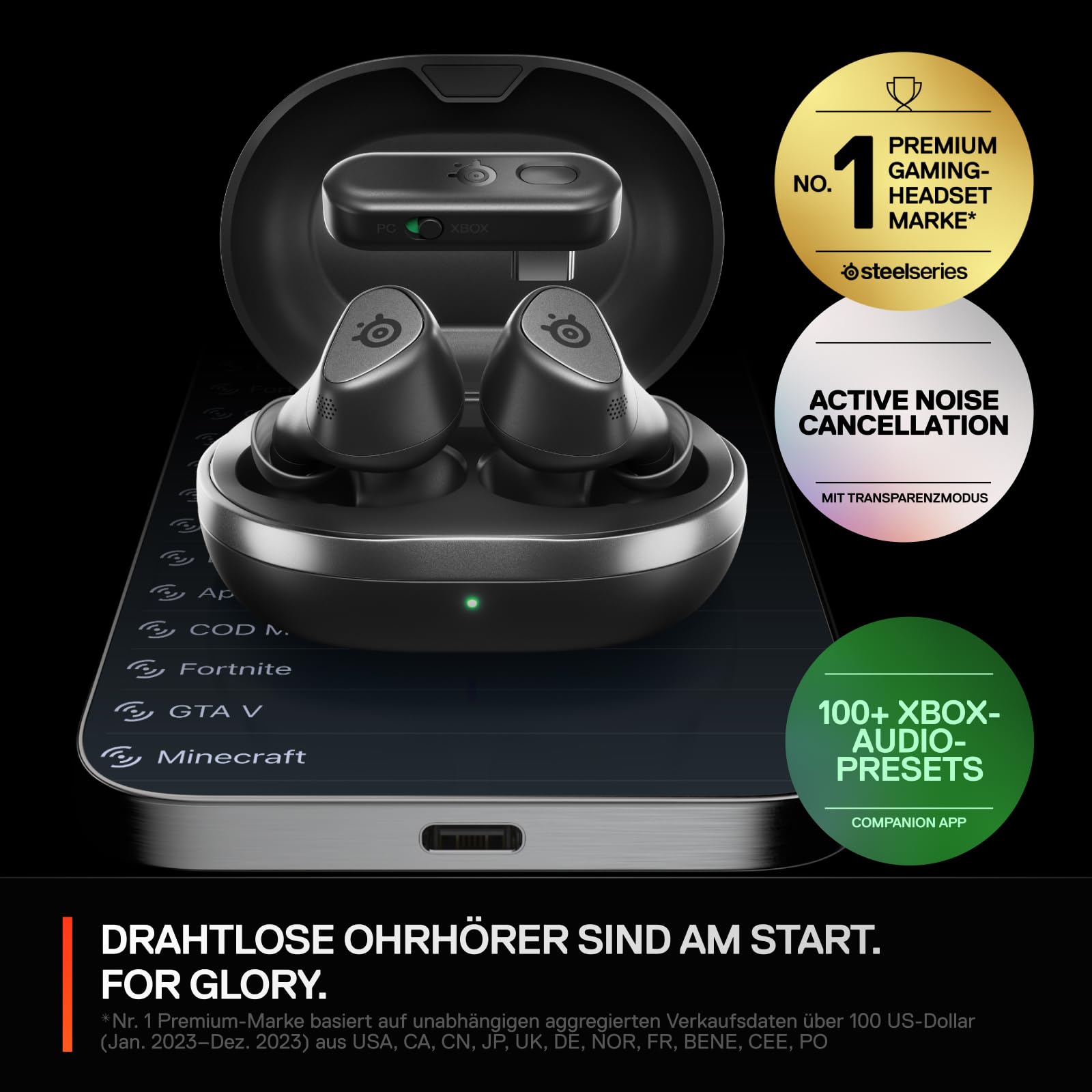 SteelSeries Arctis GameBuds für Xbox – Wireless In Ear Gaming Kopfhörer – 2,4GHz + BT 5.3 – ANC/Transparenzmodus –Wasserbeständig IP55 – 40H Batterie – Drahtloses Laden –Xbox, PS5, PC, Switch 2, Mobil