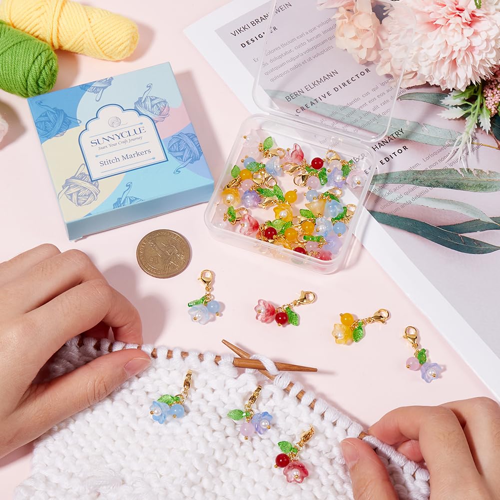 SUNNYCLUE 1 Box 30Pcs Flower Stitch Marker Knitting Markers Charms Bulk Glass Malaysia Jade Colorful Gold Floral Locking Lobster Claw Clasps Charm for Weaving Quilting Jewellery DIY Crafts Accessories - Image 3
