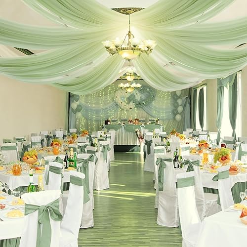 BBTO 6 paneles de cortinas de techo color salvia para bodas de 5 x 10 pies, cortina de gasa verde para boda, cortinas transparentes de gasa para