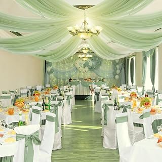 BBTO 6 Panels Sage Ceiling Drapes for Weddings 5 ft X10 ft Green Chiffon Curtain Wedding Ceiling Drapes Sheer Curtains Chiffon Draping Fabric for Ceremony Party Birthday Bridal