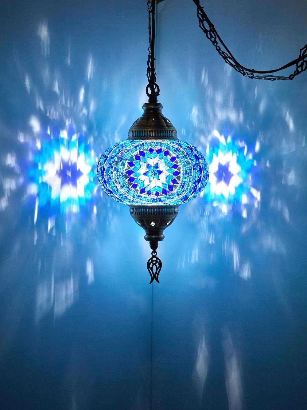 DEMMEX Plug-in Turkish Moroccan Mosaic Hanging Pendant Ceiling Light – Swag Lamp Fixture with 15ft Cord & Chain, Handcrafted Glass, Tiffany Style, Mediterranean Decor (Blue)