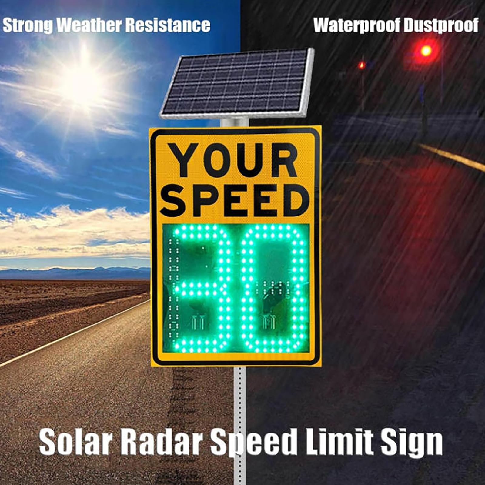 MObyat Señal de Velocidad con Radar Solar, 61 x 68 cm, Velocidad de detección <321 km/h, carriles de 3 a 4 carriles, Visibilidad Nocturna >1000 m, para medición de Velocidad en Carretera.