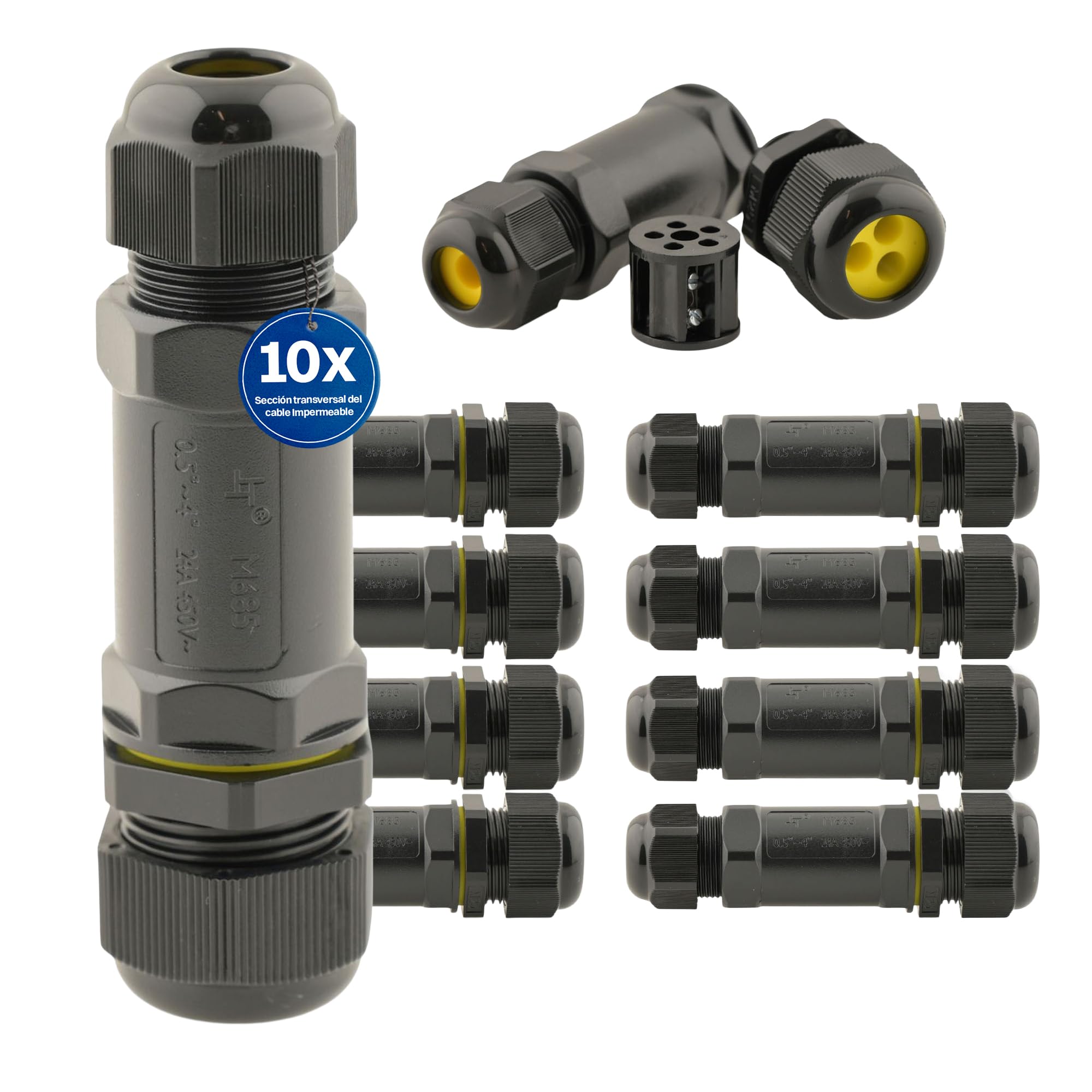 Intratec 10x Conectores de Cable Impermeables IP68 con 2 Entradas – Conector de 4 Polos 24A 450V AC para Instalación Fácil en Casa y Jardín, M25 Diámetro de Cable 4-14 mm