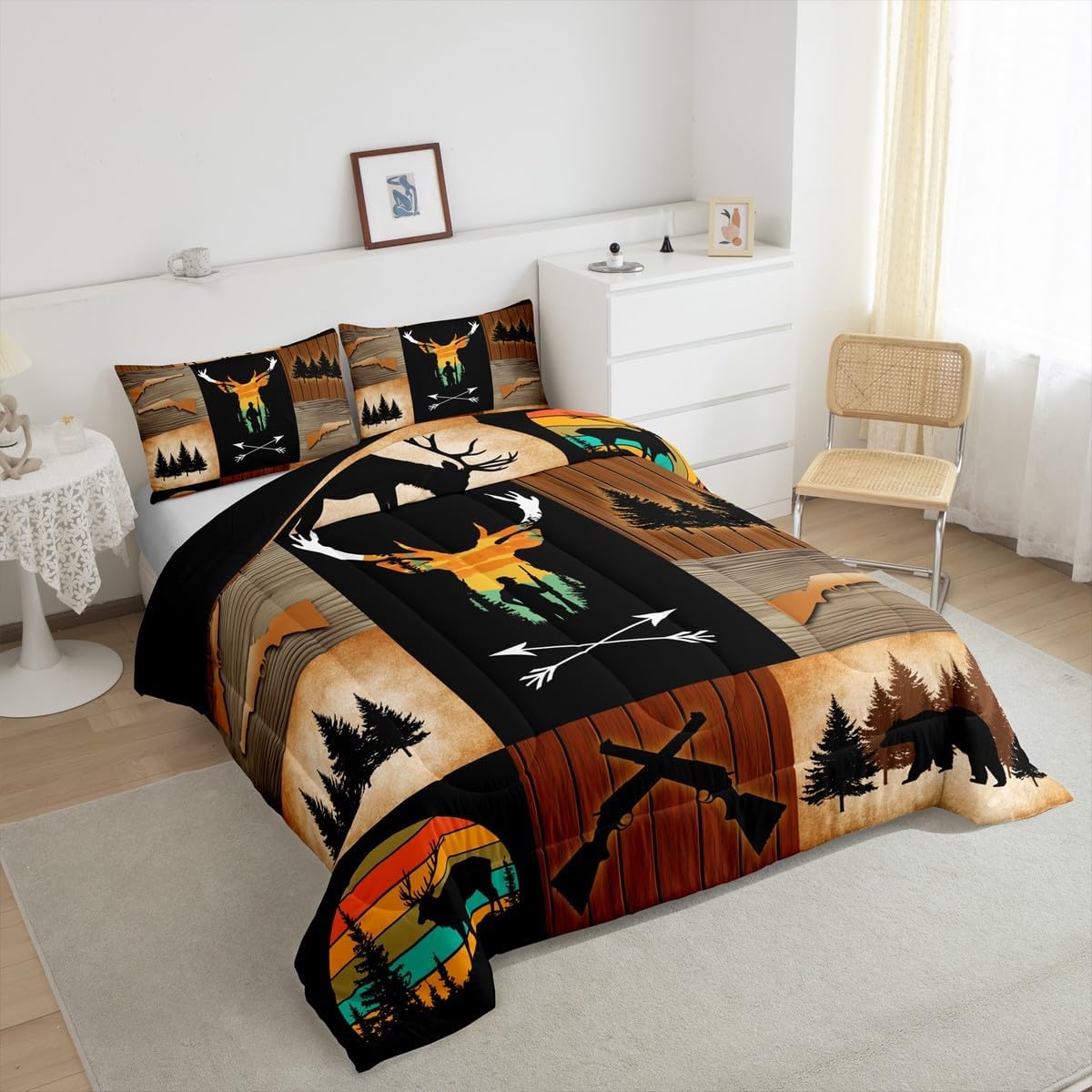 Feelyou Deer Hunting Comforter Set for Kids Boys Girls,Queen Size,Wildlife Deer Bear Wolf Bedding Set,Wild Animal Plaid Design Duvet Quilt,Western Farmhouse Comforter,Wooden Board Bedroom Decor