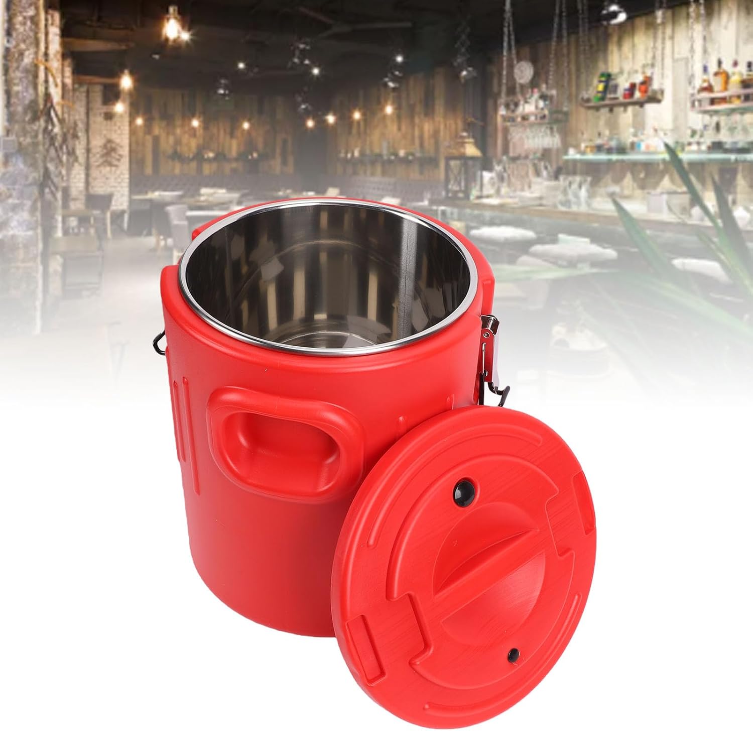 Fafeicy 20L Portable Insulated Food Bucket, Stainless Steel Thermal Container for Ice and Hot Drinks with 2 Buckle Rings, Red for Canteen Hotel Home Use