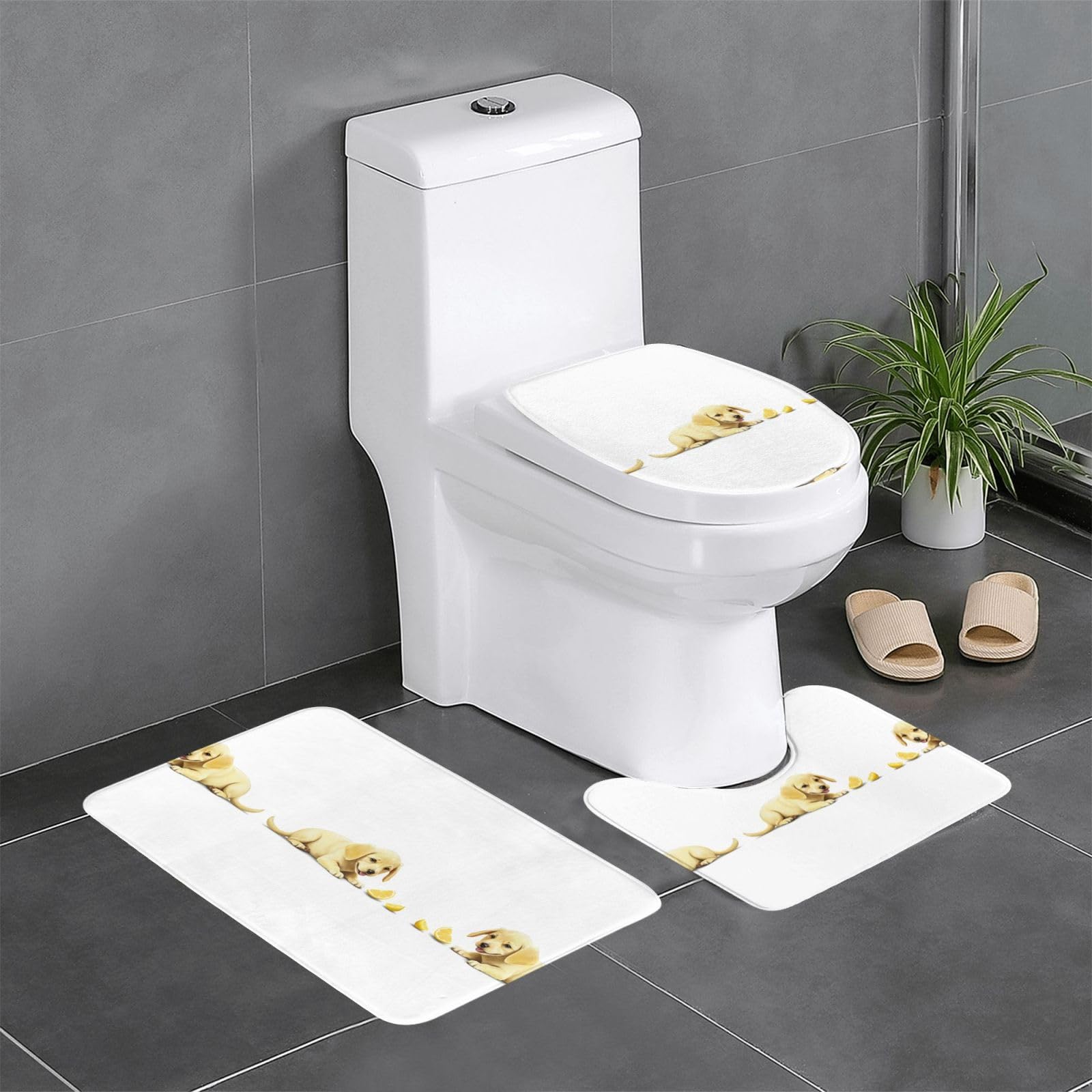 Tapis de bain antidérapant lot de 3 ovale et rectangulaire motif chiot 61x40cm