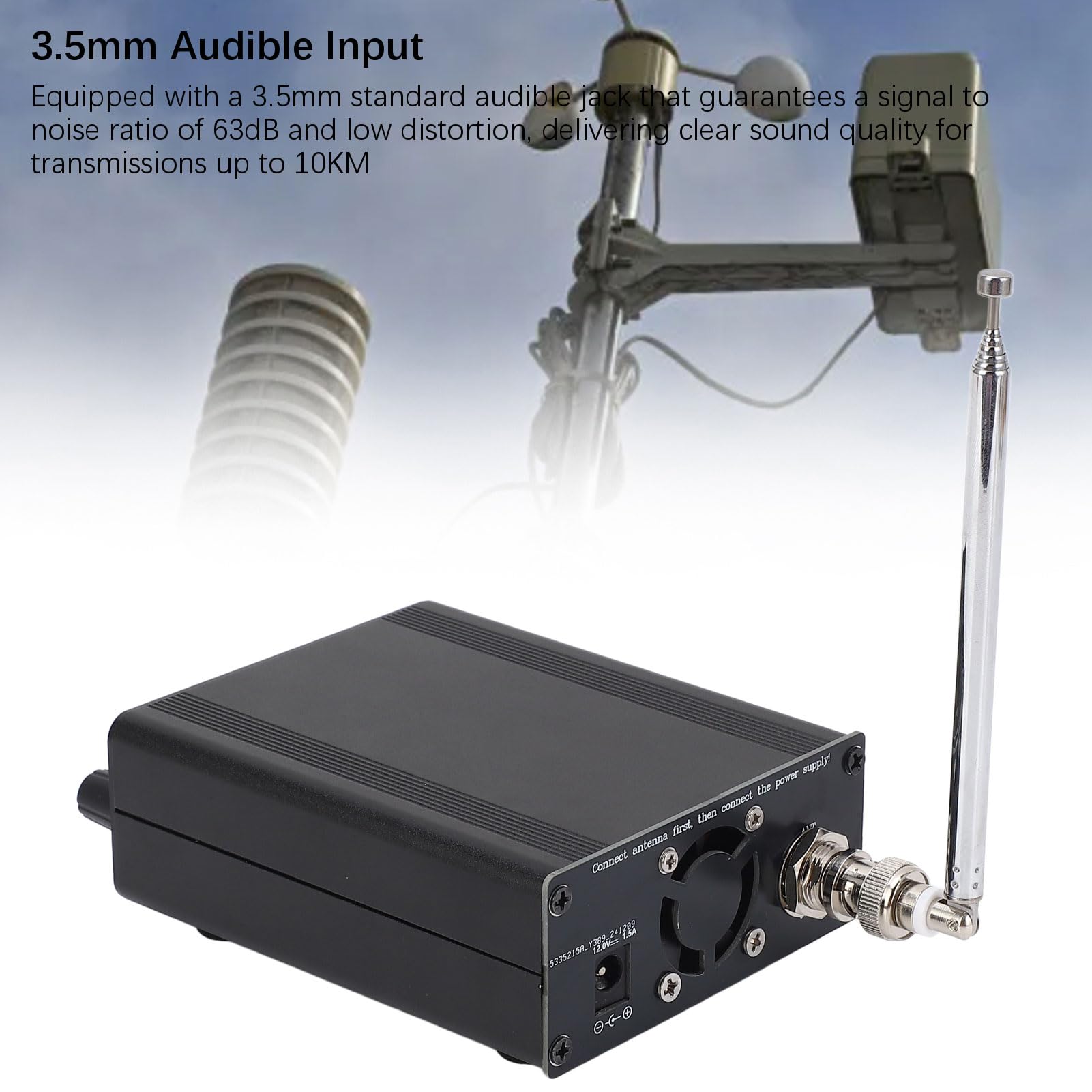 Transmisor FM de 12V - 76-108MHz, Transmisor de Modulación de Frecuencia Estéreo de 1W/5W con Conector de Audio de 3.5 Mm, Rango de hasta 10 Km