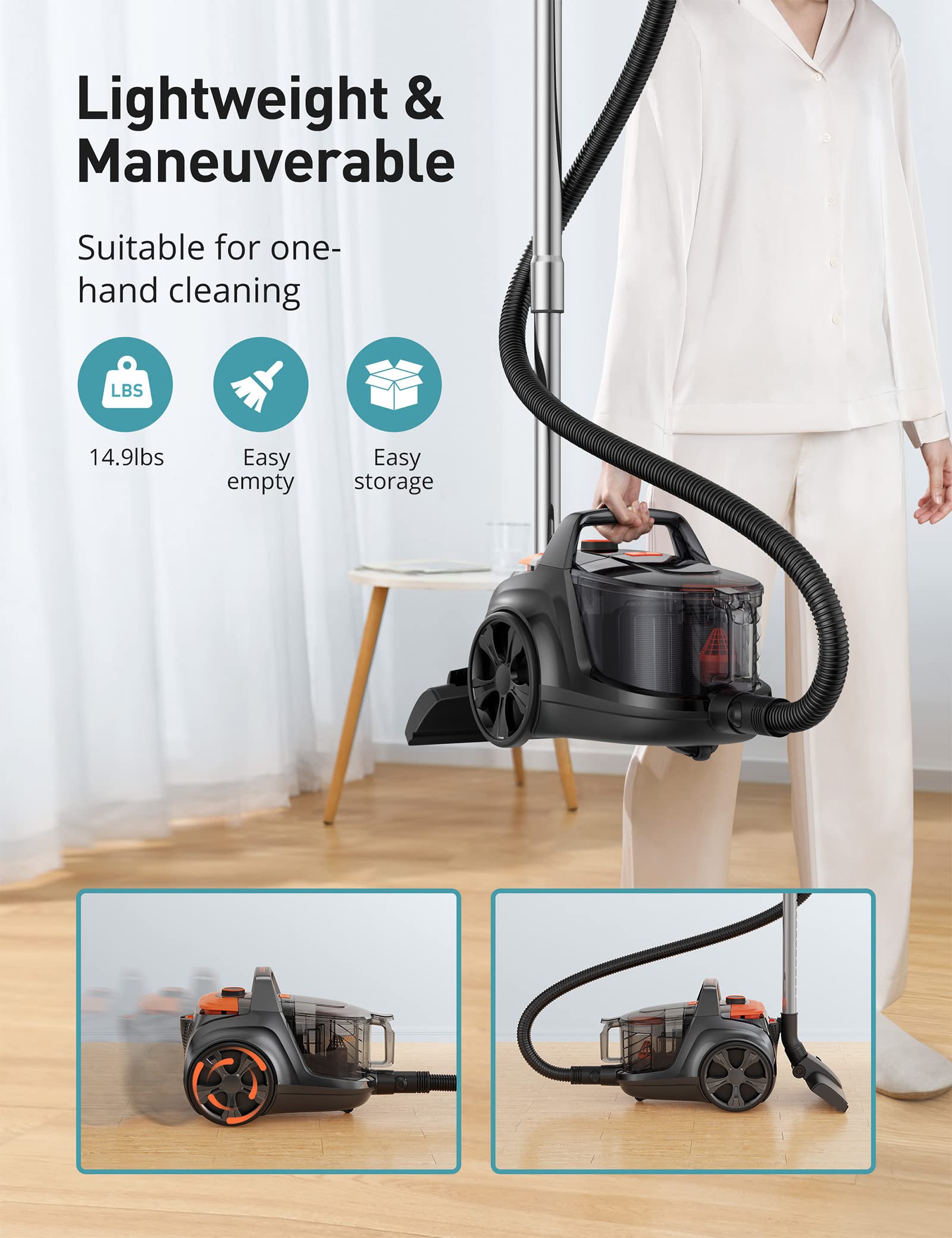 Aspiron Canister Vacuum Cleaner, 40Kpa Bagless Vacuum Cleaners, 4QT Large Dust Cup, Double HEPA Filter, Retractable Cord, 1600W Lightweight Vacuum Cleaner with 5 Tools for Hard Floors, Orange — view 7