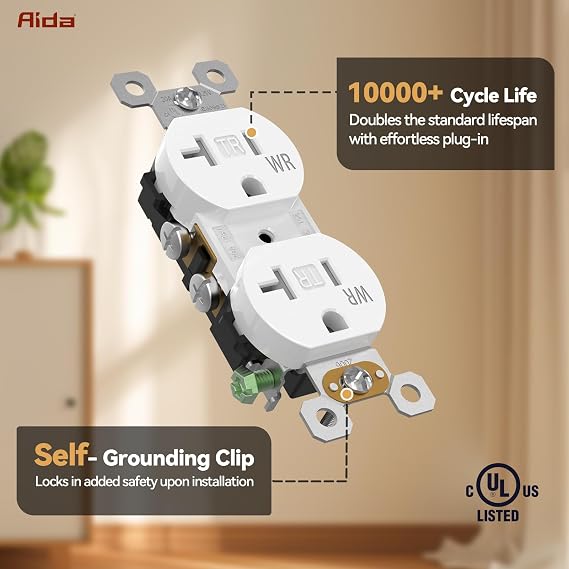 AIDA Duplex Receptacle Outlet, 20Amp 125V Wall Outlet, Residential, 3-Wire, Self-Grounding, UL Listed, Push & Side Wire, White (10 Pack)