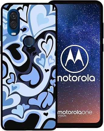 Phone Case for Motorola One Vision/P50, Lovely Irregular Blue Black Love Heart Lovecore Aesthetic Cute Shockproof Protective Anti-Slip Thin Soft Cover Shell