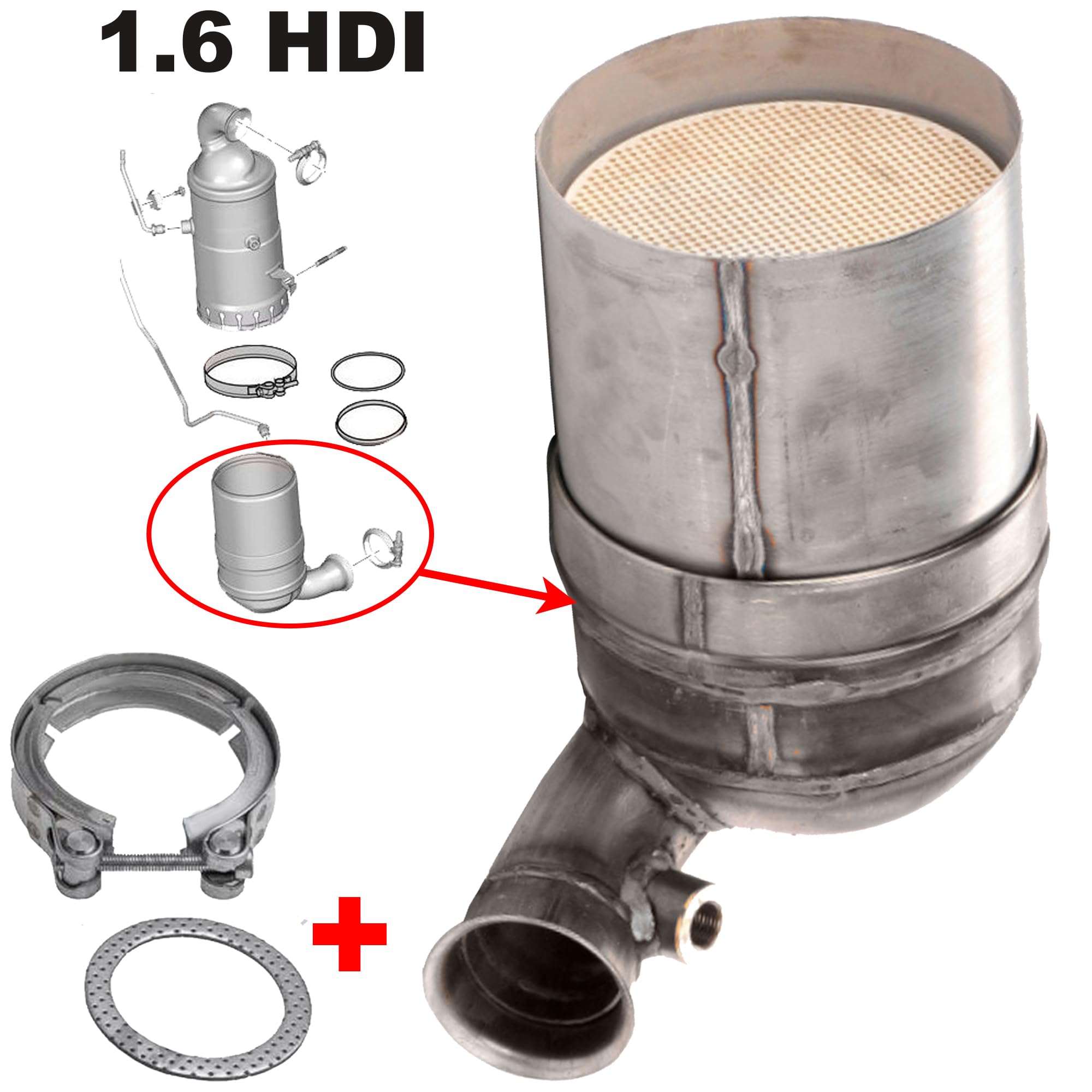Partsline Filtre à Particules (FAP) avec Joint et Collier compatible avec Berlingo, C2, C3, C4, C5, Xsara Picasso, 1007, 206, 207, 3008, 307, 308, 407, 5008, Partner 1.6 HDi - 1731EP 1611322180