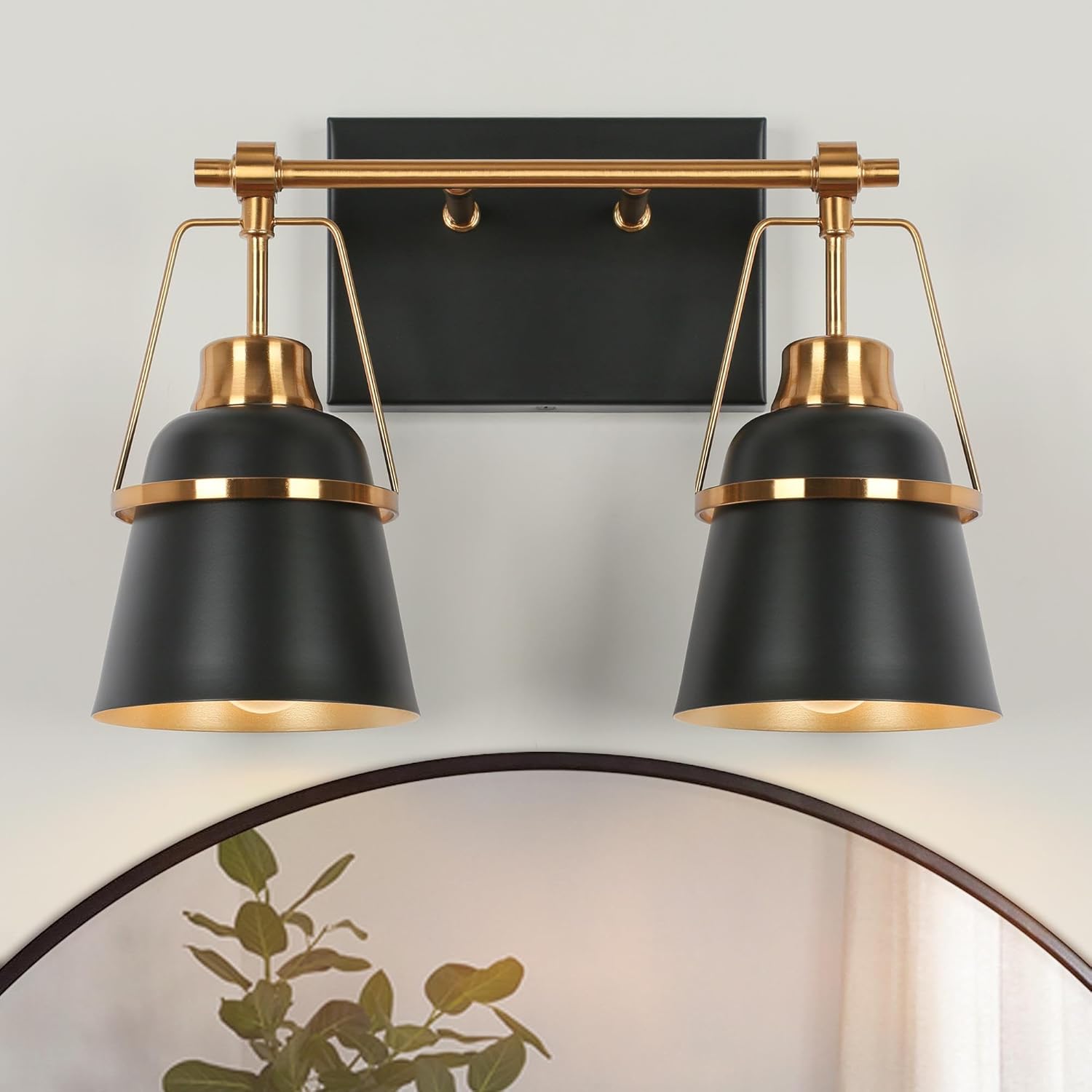 Black Gold Bathroom Light Fixtures, Modern Farmhouse Vanity Lights with Metal Shade, 2 Light Electroplated Brass Vanity Lighting Over Mirror