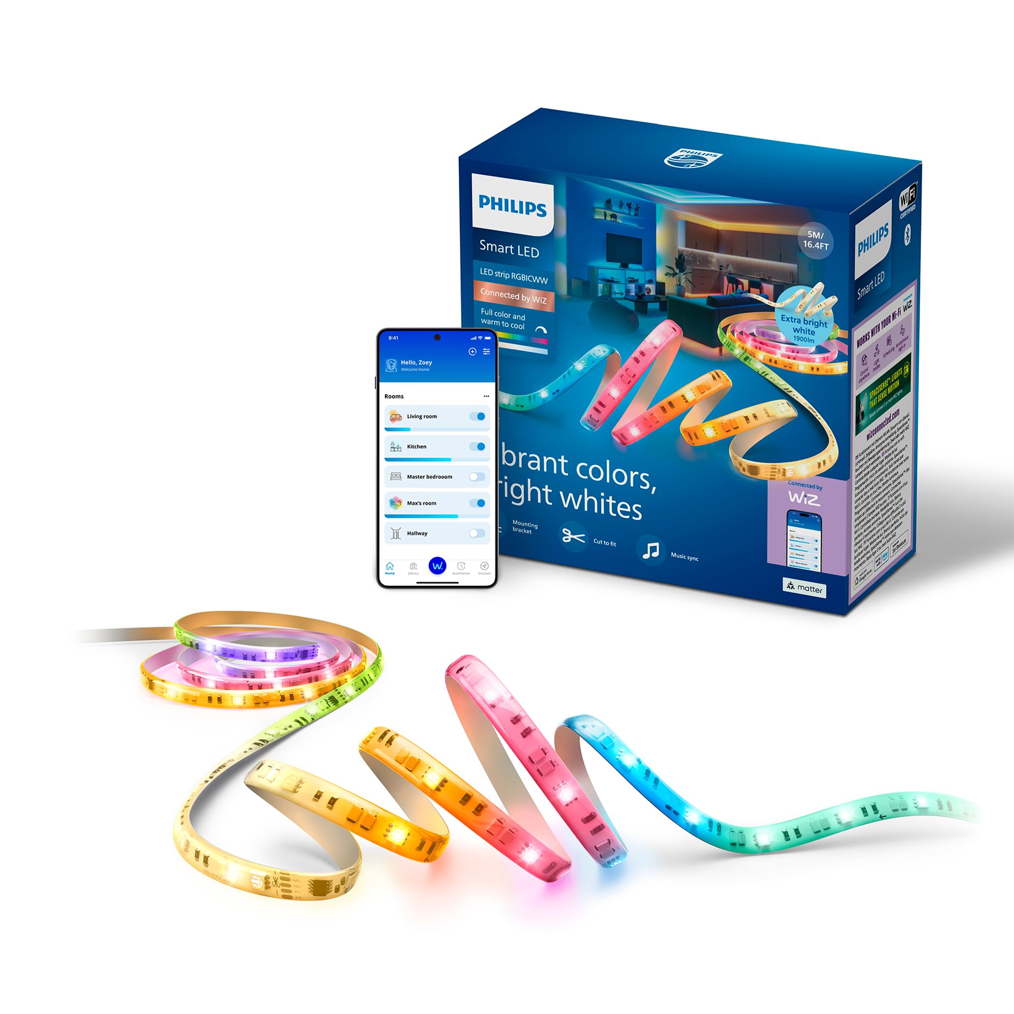 Philips Smart Lighting RGBICWW-LED-Streifen, 5 m, Typ C, Mehrfarbige Farbverläufe, Einstellbares Weißlicht, Ambientes Licht, Connected by WiZ, Alexa, Google Home, Apple Home, 1er-Pack
