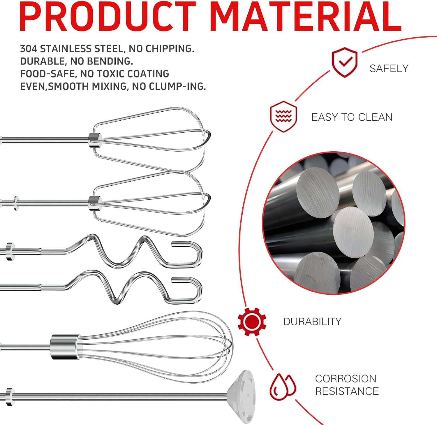 Hand Mixer Attachments Beater 6Pcs, Whisk, Blending Rod and Dough Hooks, Stainless Steel Hand Mixer Accessories for Kitchenaid Hand Mixers KHM3 KHM5 KHM7 KHM9, Dishwasher Safe