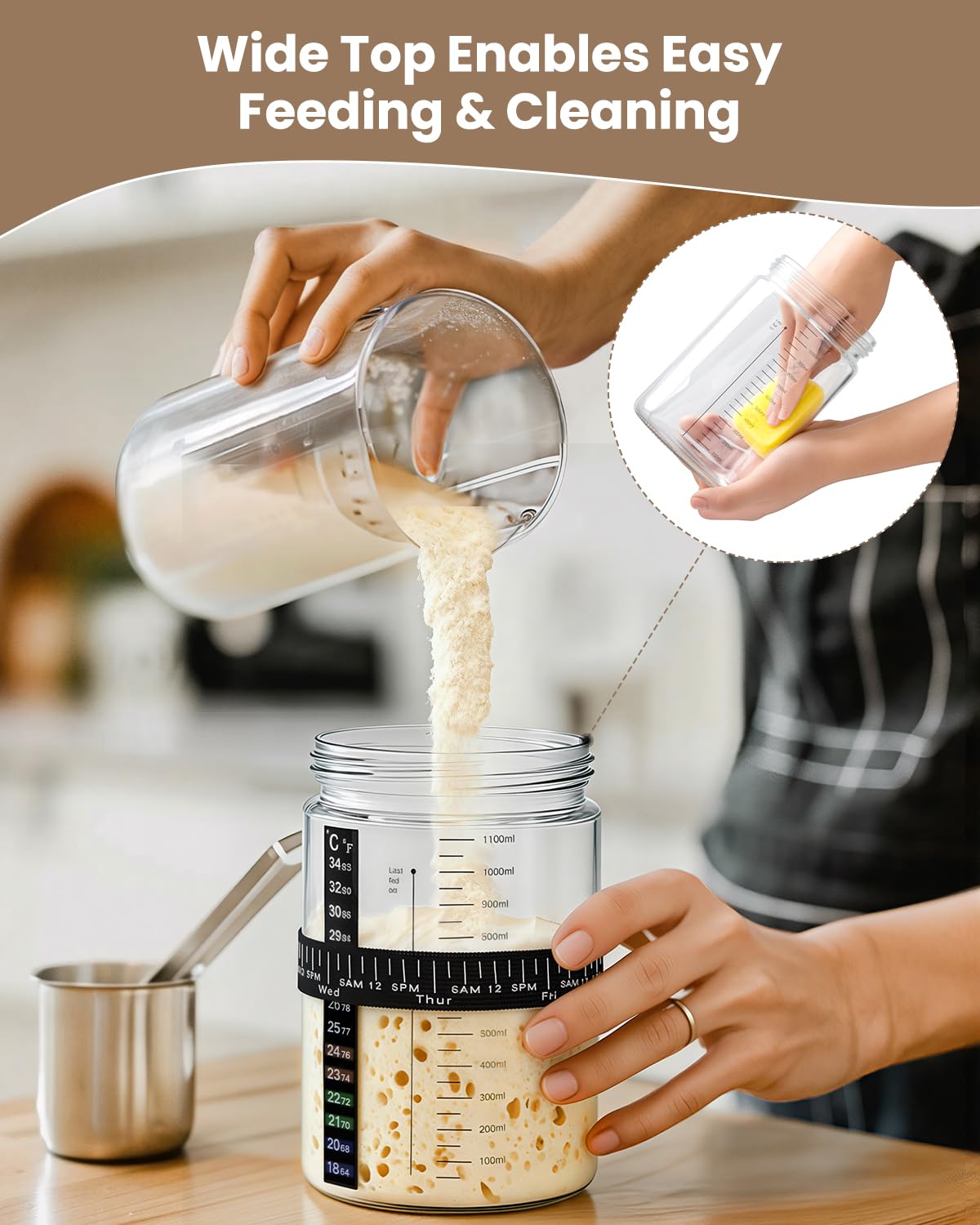 PITCH + PULSE Starter Kit per Pasta Madre, 1200ml Vetro Fermentato con Termometro, Nastro Alimentazione Data, Spatola, Contenitore per la Cottura del Pane a Lievito Naturale