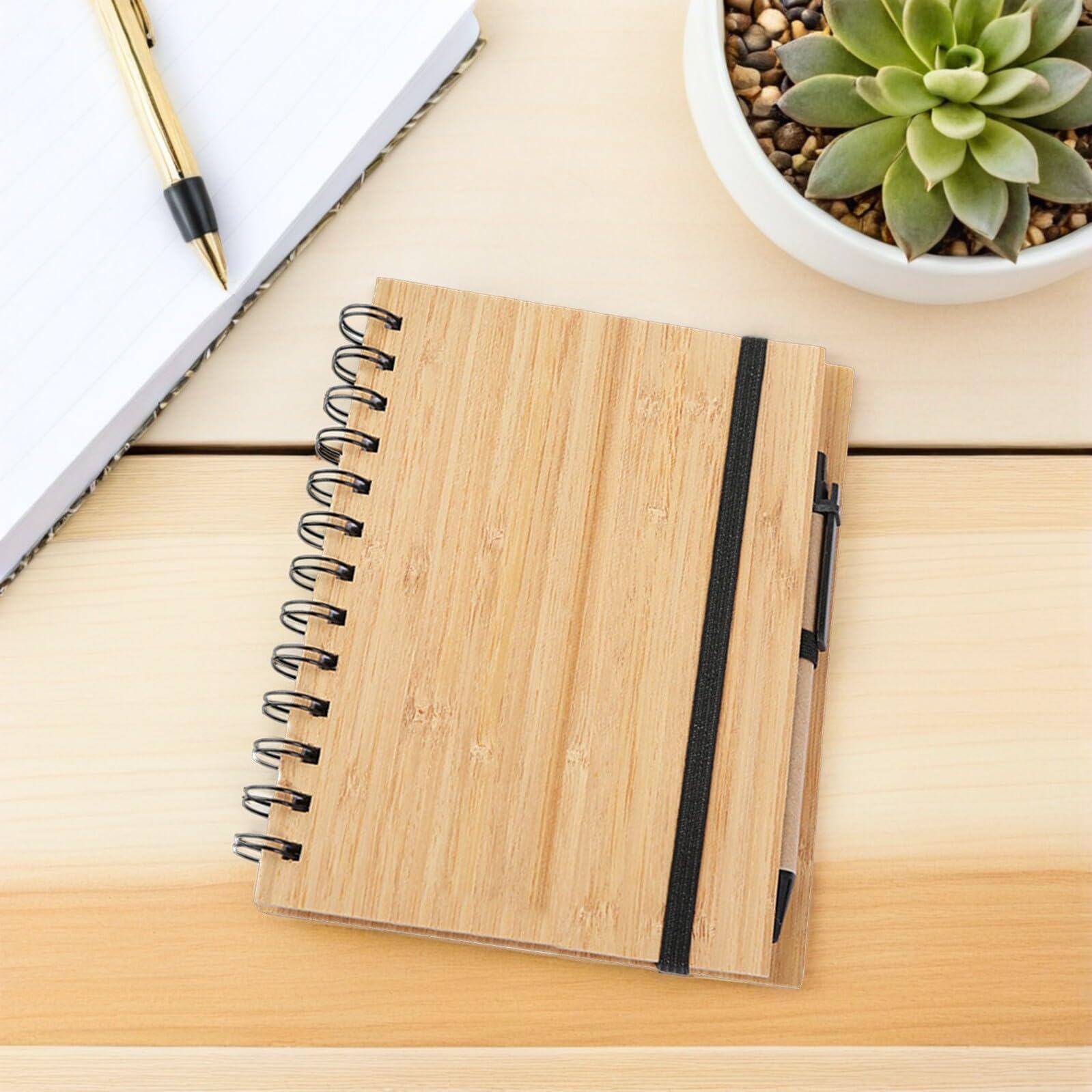 Healvian Quaderno in Bambù con Rilegatura a Spirale 70 Pagine con 3 Penne Set da 3 per Scuola, Ufficio e Meeting