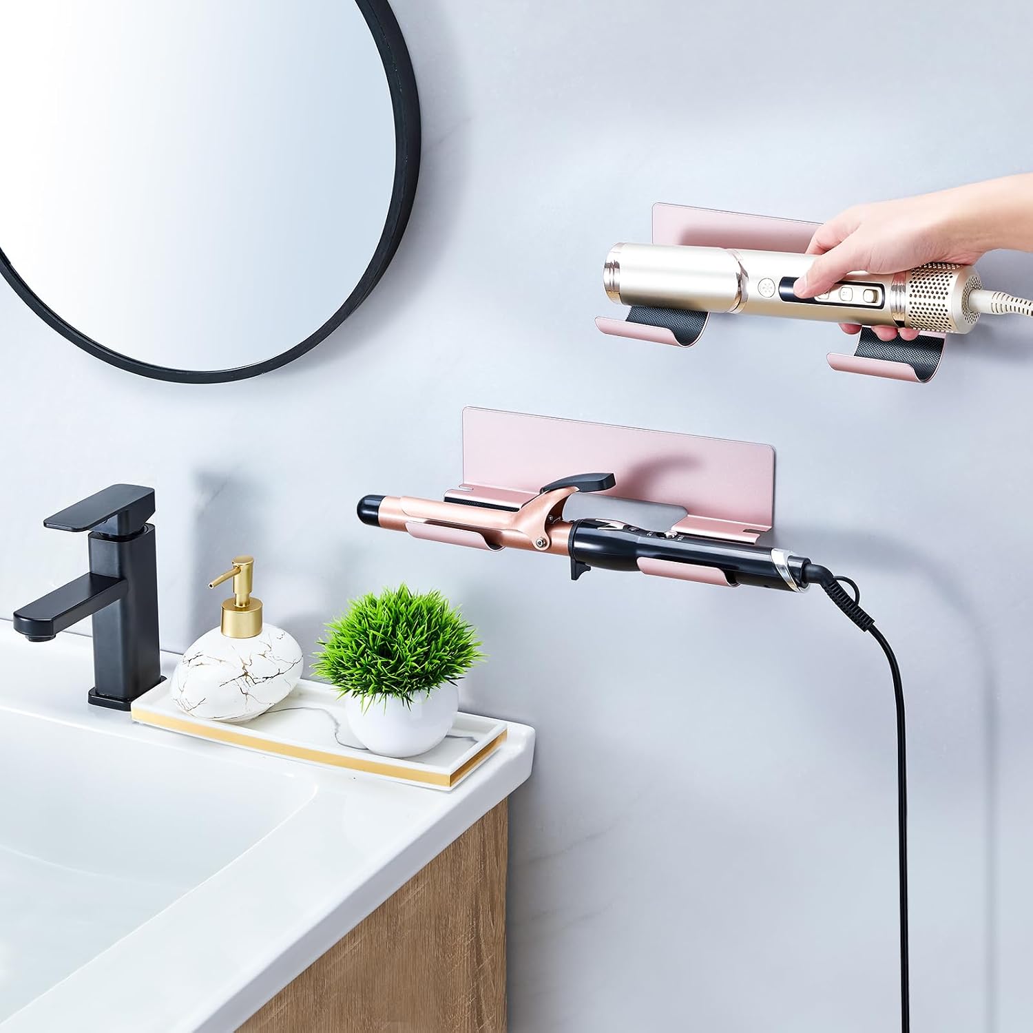 2 PCS Hair Straightener Holder Wall Mount Curling Iron Holder, Hair Dryer Holders for Wands & Styler Attachments, Flat Iron Holders Adhesive Hair Tool Organizer Vanity Bath Hair Tool holder, Rose Gold