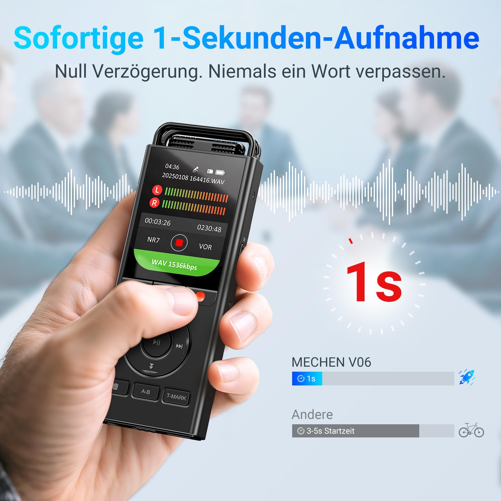 MECHEN 144GB Diktiergerät Digital, Sprachaktiviertes Aufnahmegerät mit 10,000 h Aufnahmezeit, 3072Kbps HD Audio, Rauschunterdrückung, VOR Modus, Passwort & Musikwiedergabe, USB C (V06)