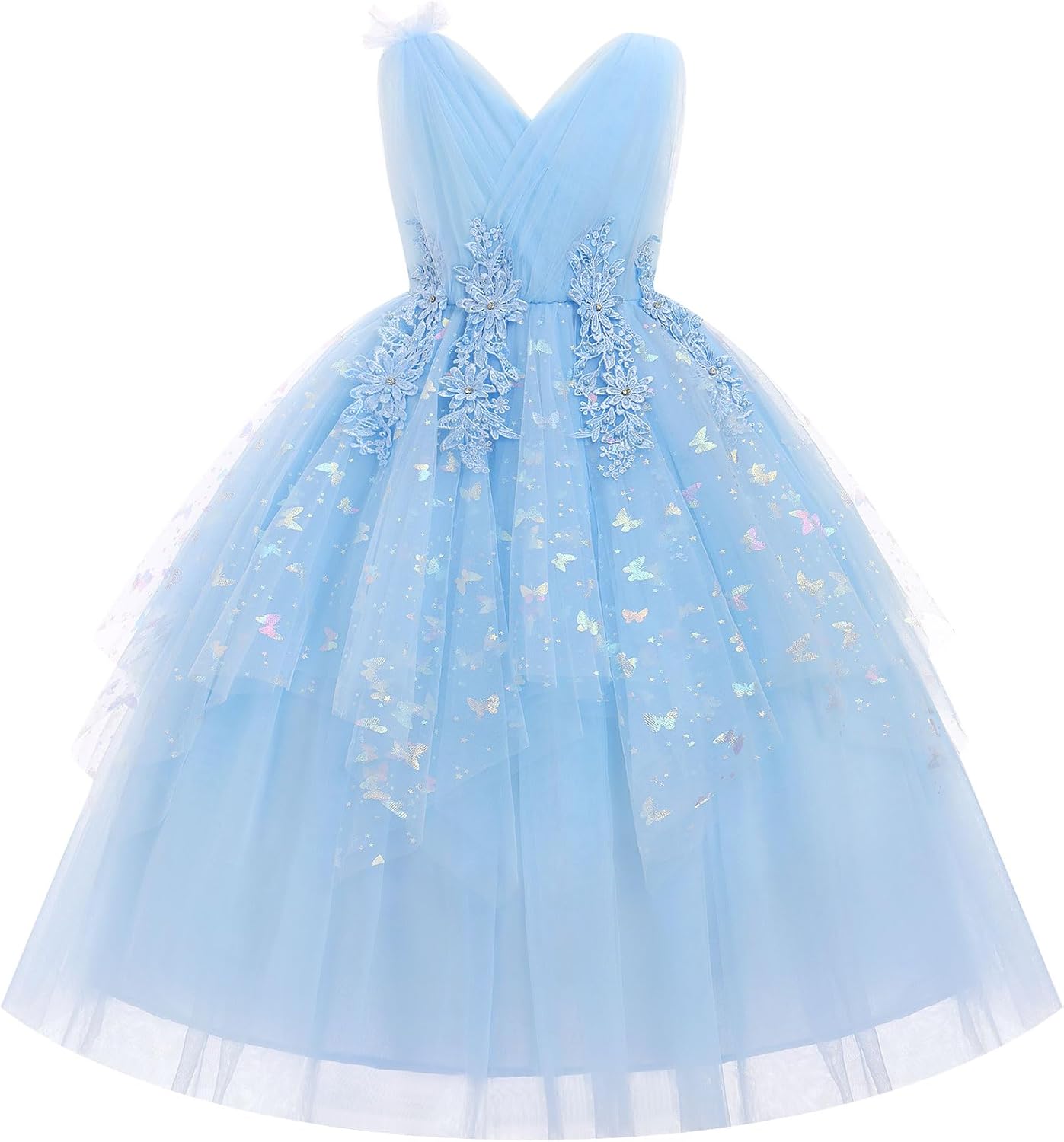 IDOPIP Flower Girl Sequin Butterfly Dress for Kids Wedding Pageant Party Long Gown Princess Birthday Handkerchief Tulle Dress