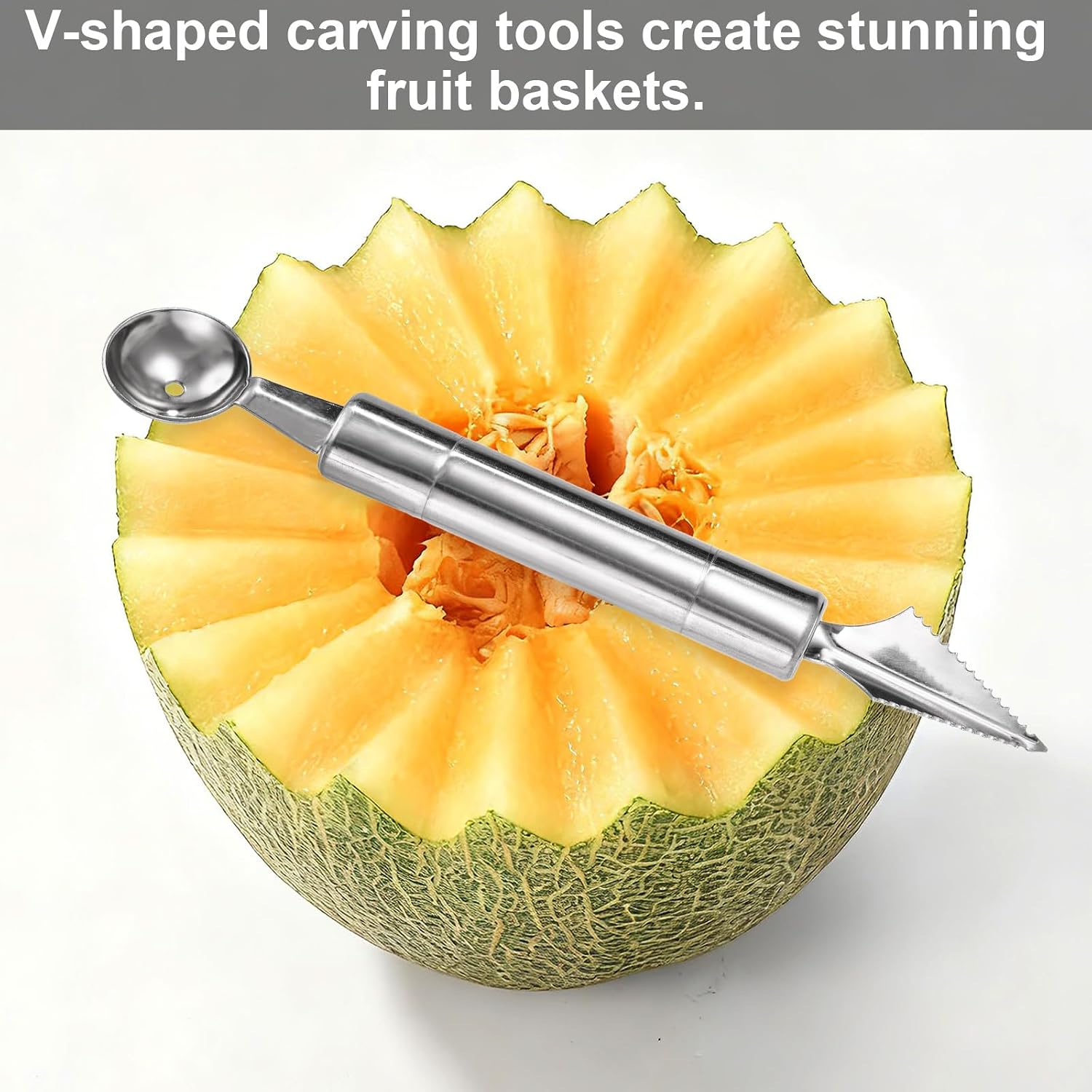 Kitchen Spiral Vegetable Cutter Set, Stainless Steel Spiralizer with V-Shaped Carving Tool Fruit Ball Scooper and 2 Forks for Potatoes Cucumbers Carrots Melon Decoration