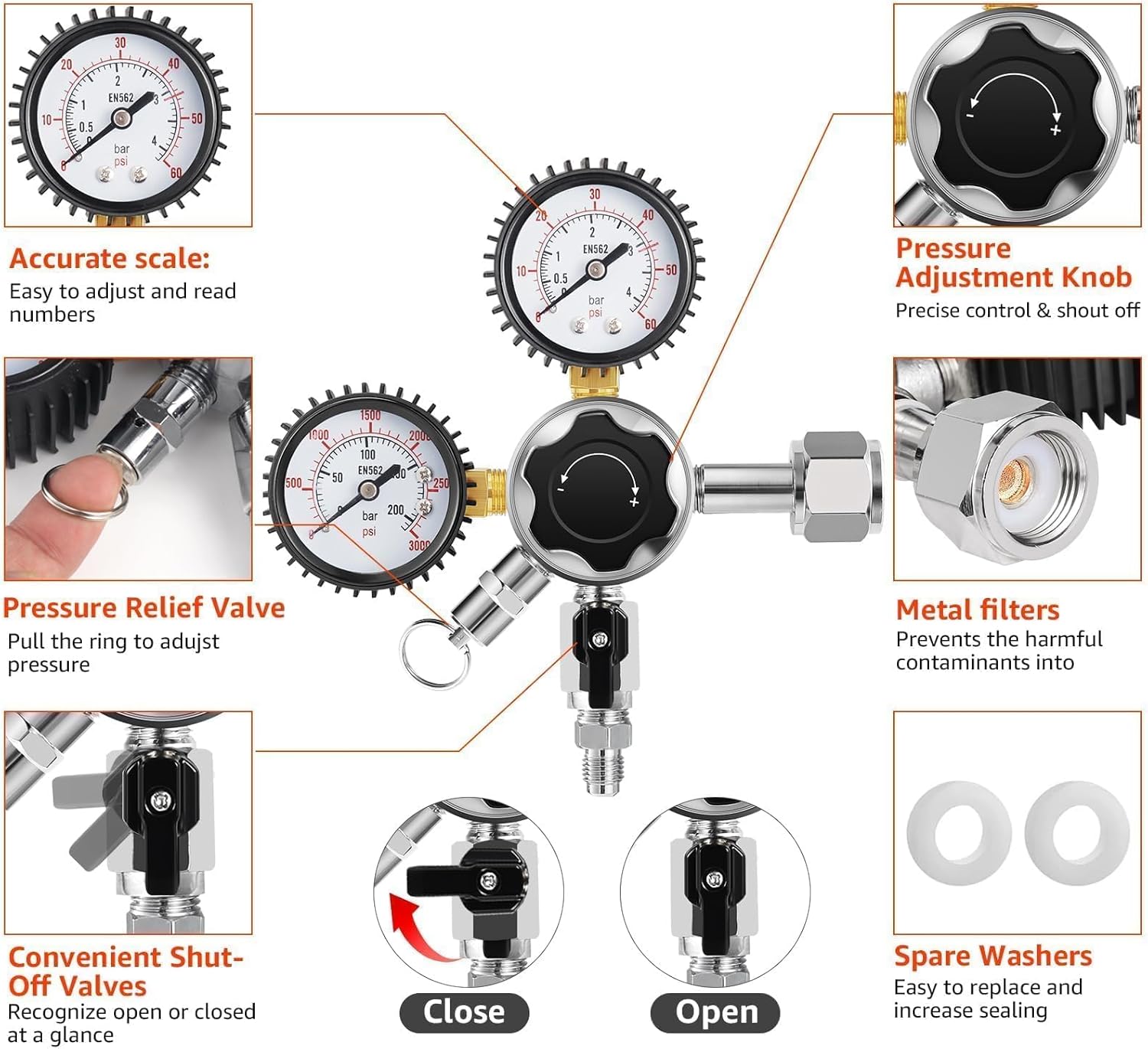 CO2 Regulator Beer Keg Regulator CGA-320 Kegerator Regulator, Dual Gauge Beer Regulator Draft Beer Gas Regulator CO2 Regulator for Kegerator with Precision Control and Safety Valve