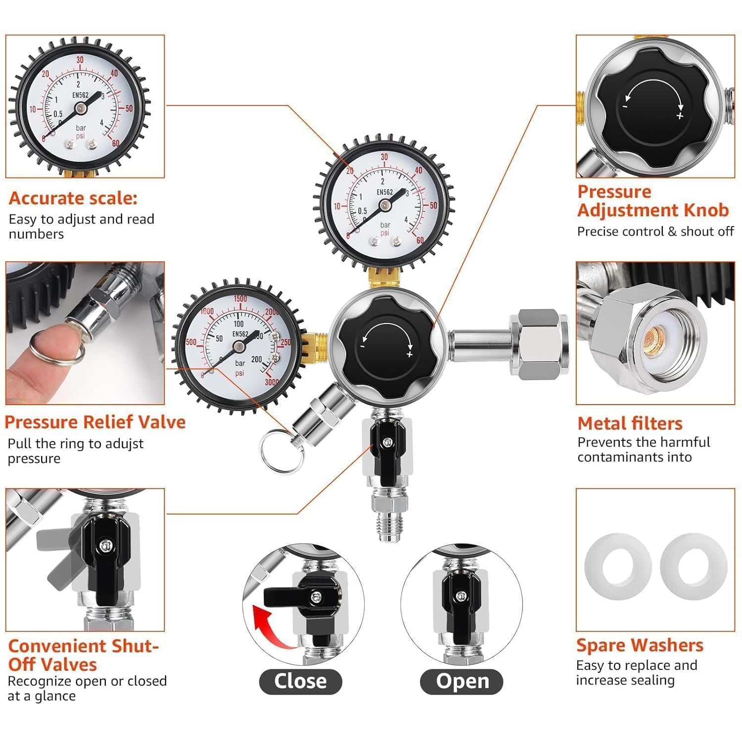 CO2 Regulator Beer Keg Regulator CGA-320 Kegerator Regulator & Nylon CO2 Regulator Washers