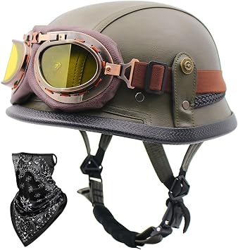 Retro Leather Motorcycle Half Helmet Open Face Helmet with Goggles DOT/ECE Approved Protective Helmet for Men and Women Mopeds Scooters Cruisers Scoop Helmet Skull Helmet 7,L58-59CM