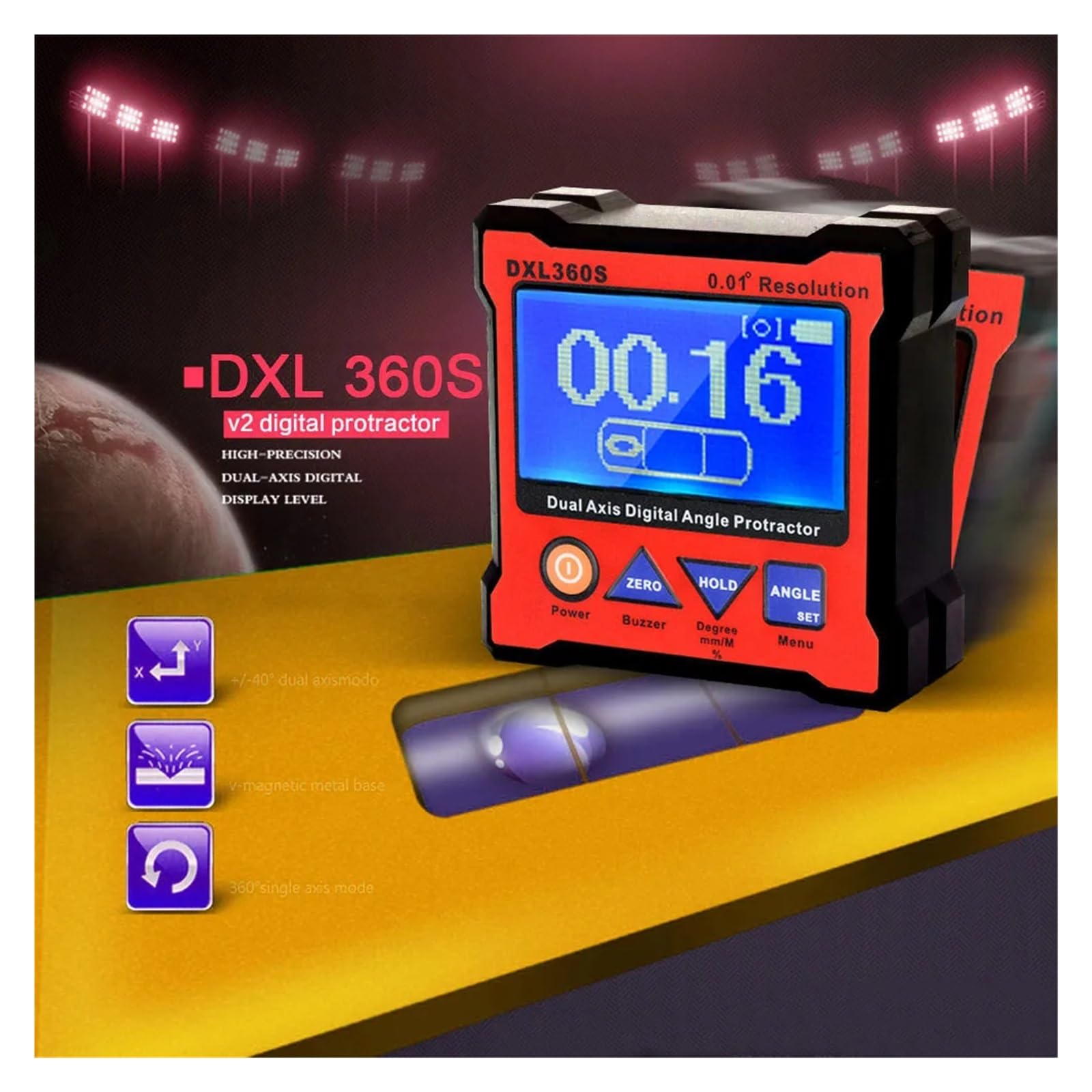 DXL360S/DXL360 Dwuosiowy cyfrowy kątomierz z 5-stronną podstawą magnetyczną Bardzo precyzyjny dwuosiowy wskaźnik poziomu Przemysłowy, Handlowy
