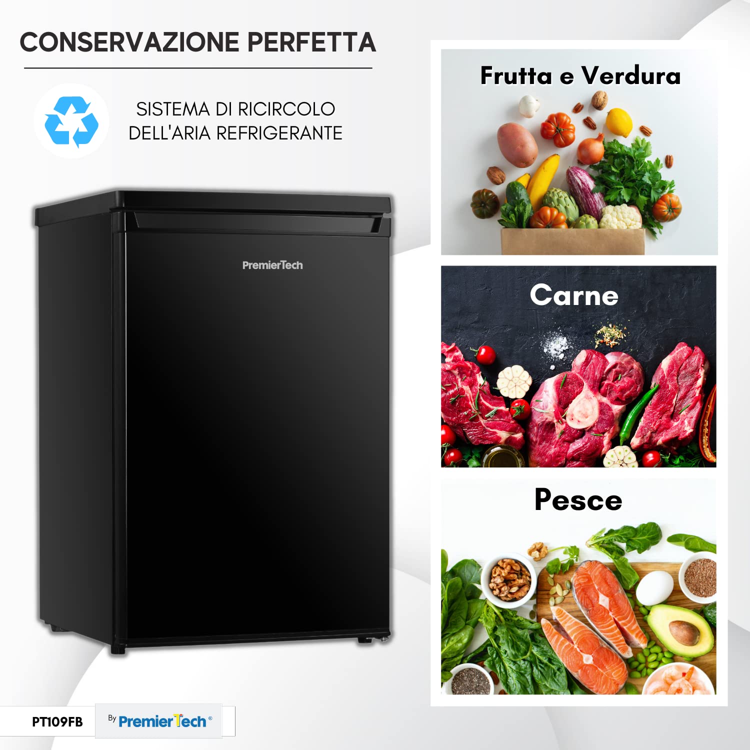 PremierTech, Frigorifero con congelatore 109 Litri, Frigo, Hotel, Ufficio Casa, Porta Reversibile, Sotto Tavolo, Classe Energetica E, Temperatura Regolabile, Libera Installazione, Nero, PT109FB
