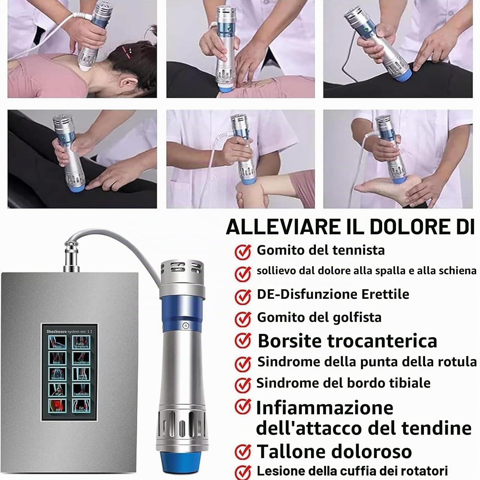Macchina per Terapia Ad Onde D'urto con 7 Testine Massaggianti, Frequenza Regolabile 1-16Hz Ed Energia 60-200MJ, Non Invasivo, per Il Sollievo dal Dolore Articolare E Muscolare