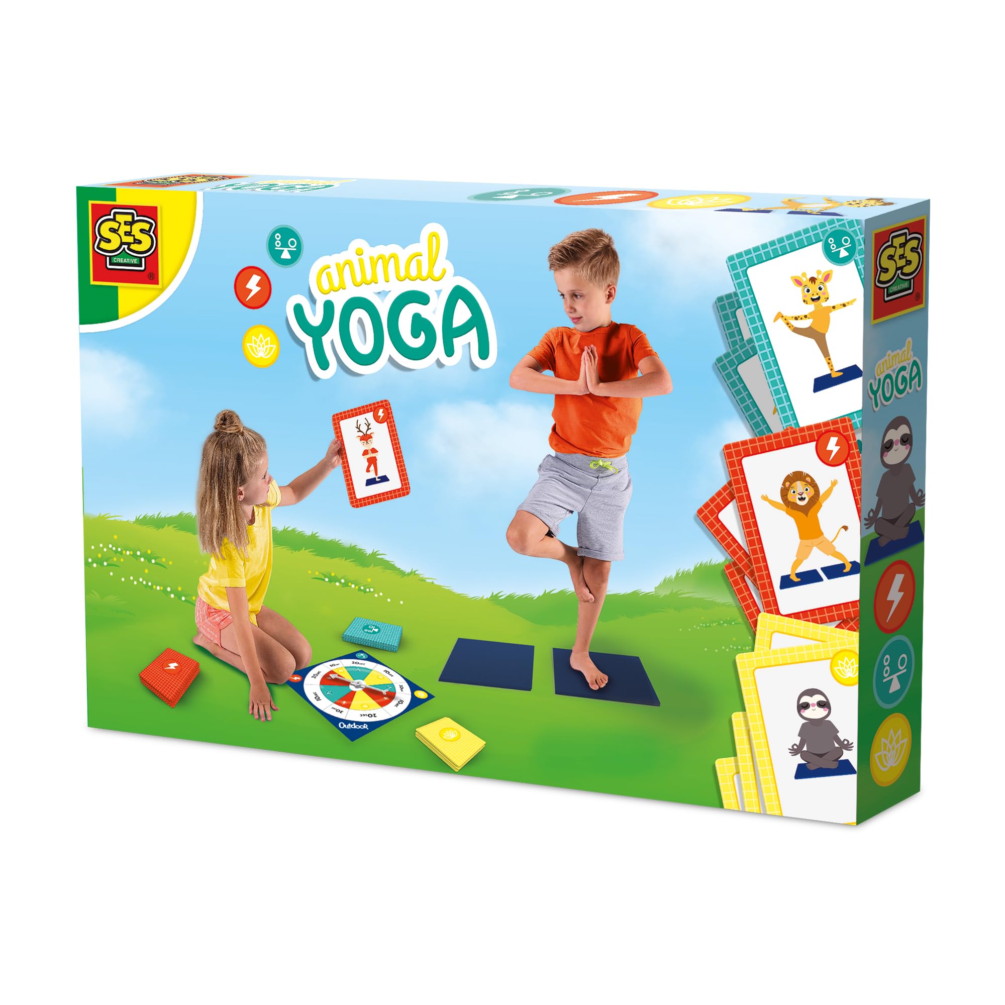 SES Creative | Animal Yoga für Kinder | Yoga-Spielset | 27 Karten mit von Tieren inspirierten Körperhaltungen | 2 Matten und Spielrad | Wellness- und Motorik-Aktivitäten | Zen-Geschenkidee ab 3 Jahren
