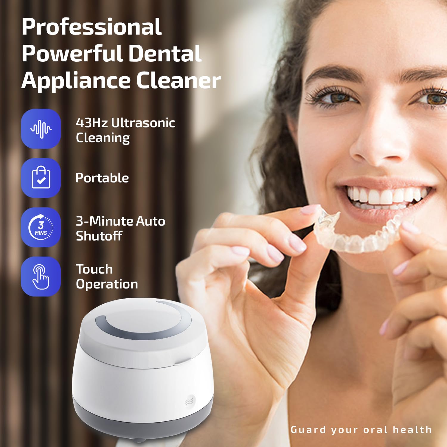 Appareil de nettoyage dentaire à ultrasons : dosette de nettoyage dentaire 43 kHz – Nettoyage en profondeur pour prothèses dentaires, protège-dents, aligneurs, protège-nuit, appareils dentaires, têtes