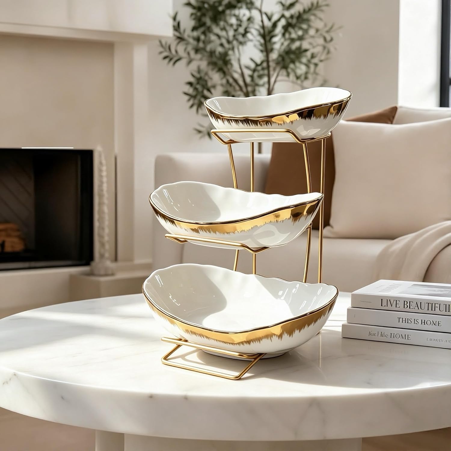 3 Tier Fruit Bowl for Kitchen Counter,Ceramic Fruit Basket with Metal Stand