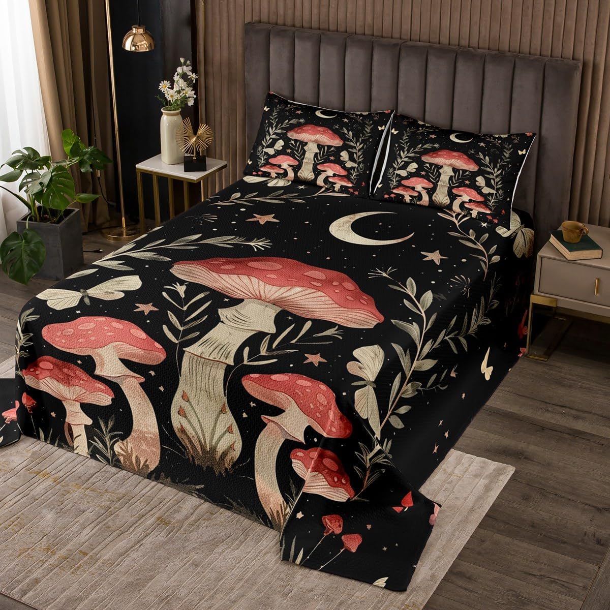 jejeloiu Mushroom Bedspread Wild Fungus Bedspread for Kids Boys Girls Botanical Plants Coverlet Set Butterfly Quilted Bedroom Collection 3Pcs King Size