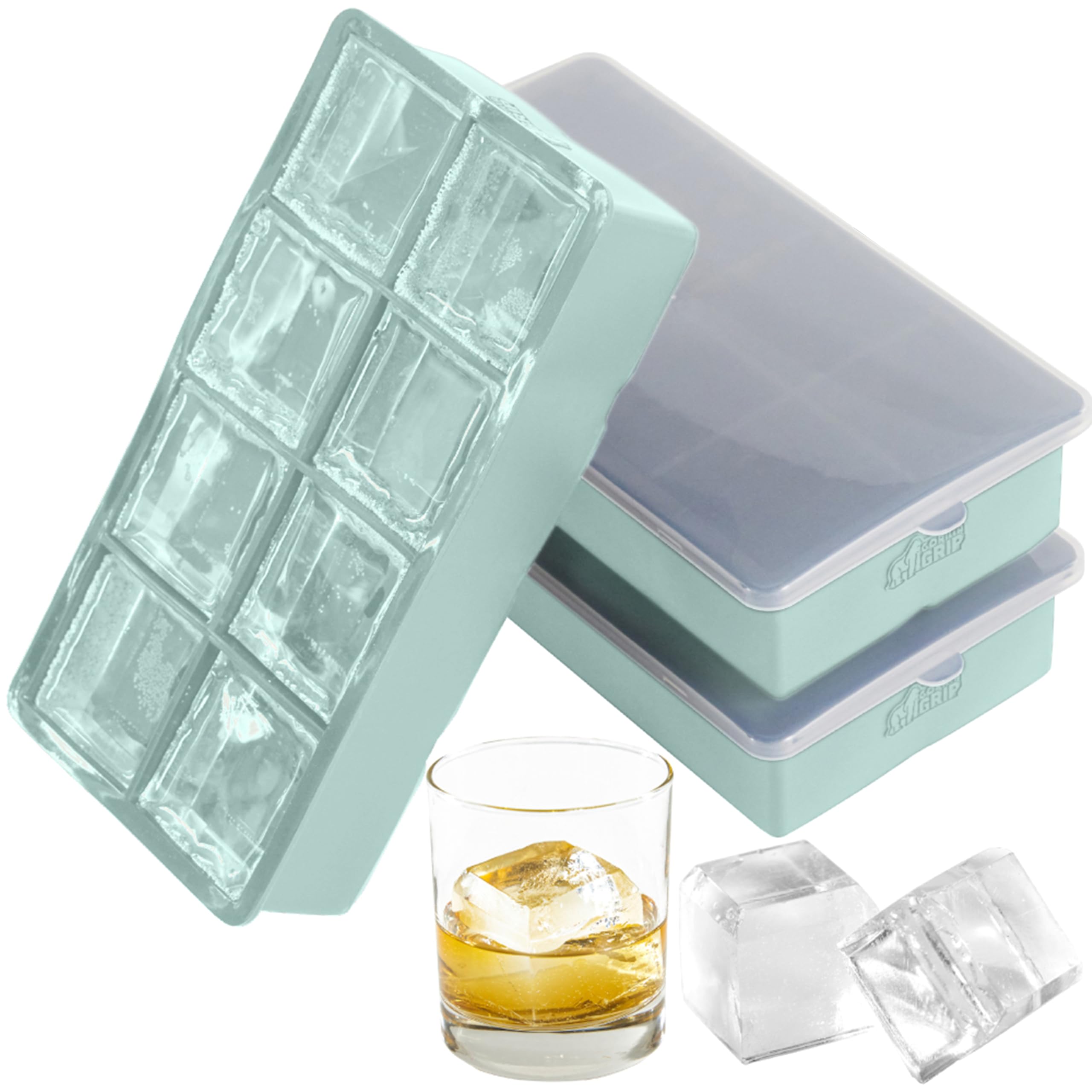 Gorilla Grip Slow Melting Large Silicone Ice Cube Tray for Freezer, 2 Pack, Easy to Push 8 Giant Square Cubes, Use for Cocktails, Iced Coffee, Water Bottle, Frozen Puree, Kitchen Bar Essentials, Mint