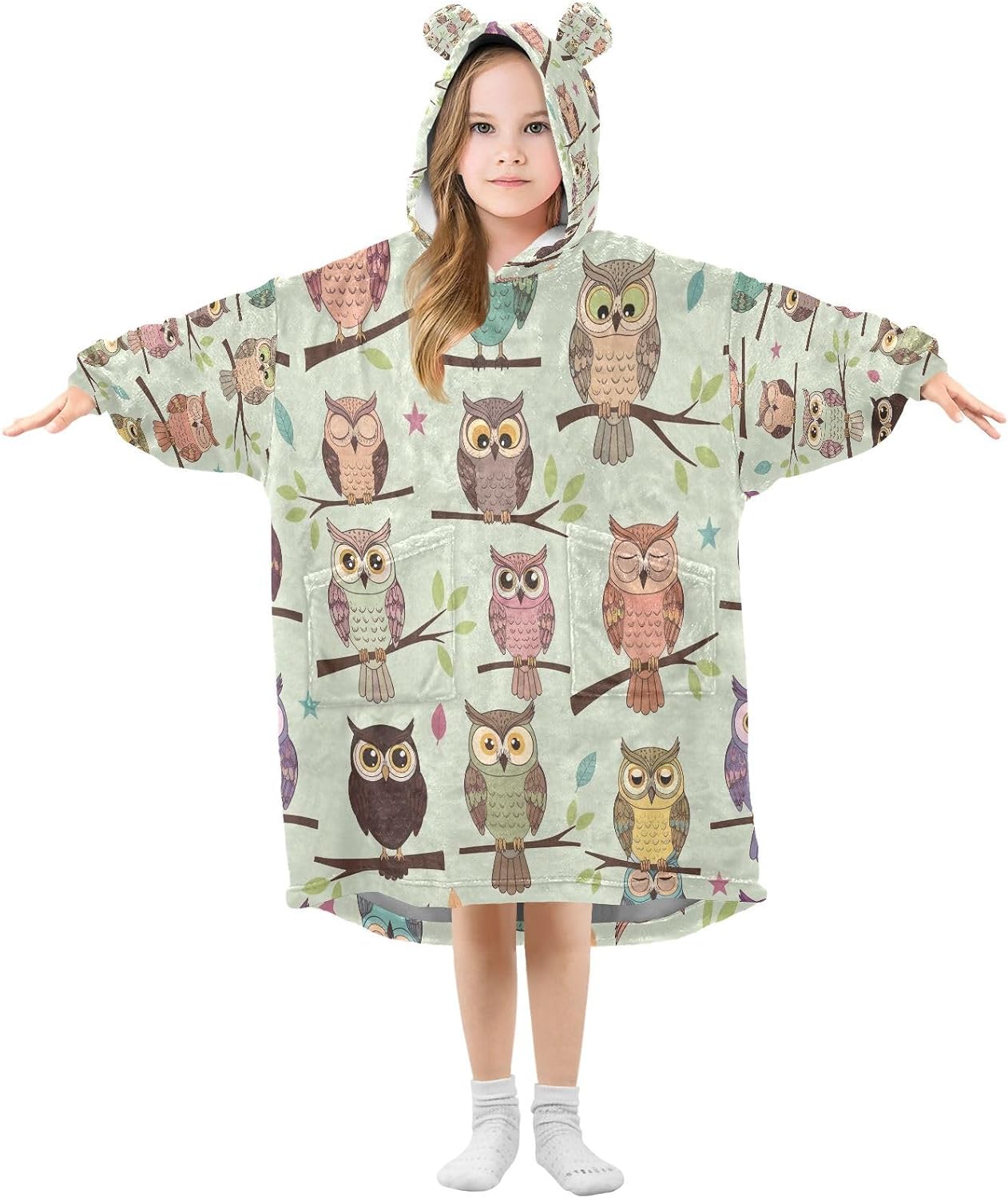 Kigai Owls Wearable Blanket Hoodie for Kids Oversized Hooded Blanket Warm & Cozy Sweatshirt with Pockets