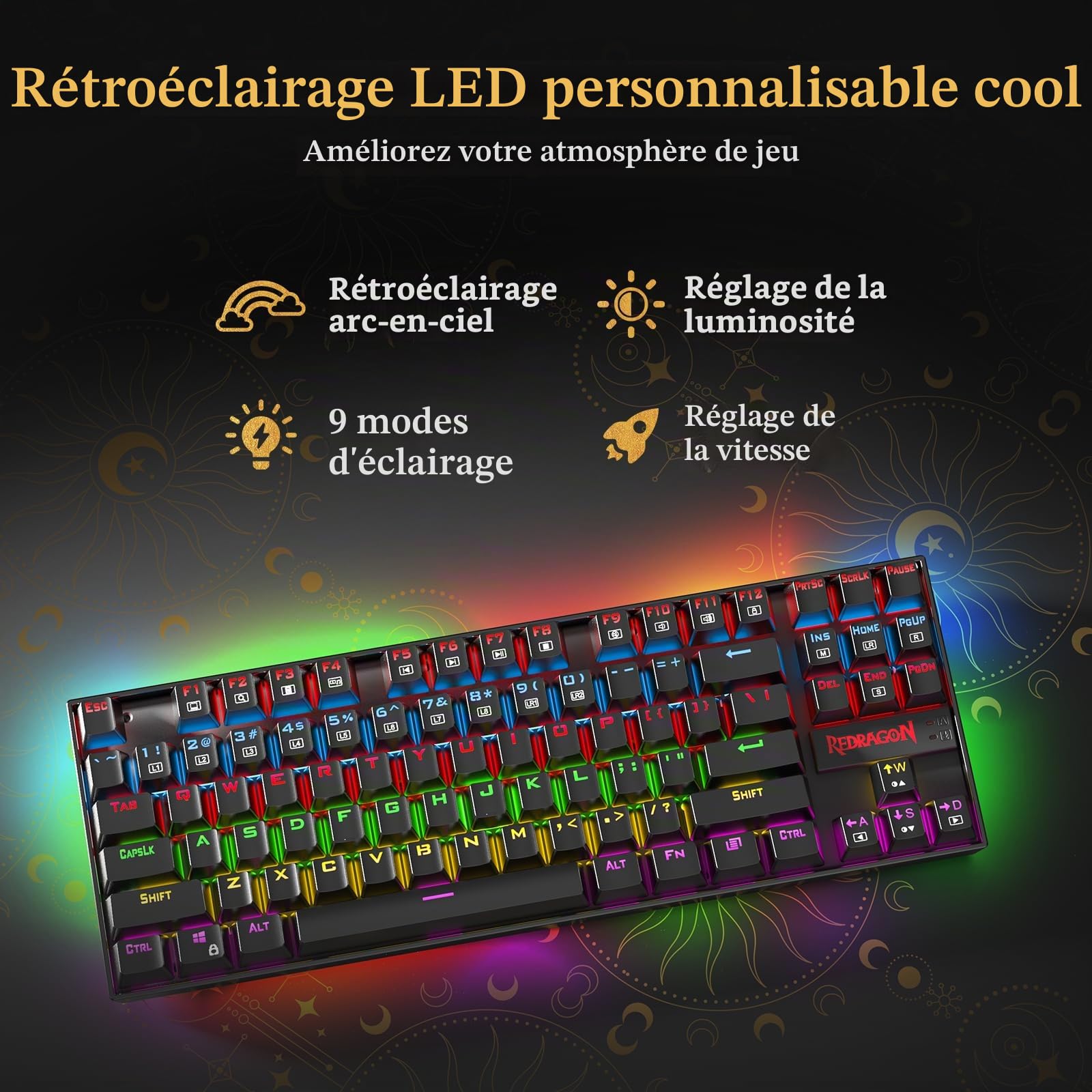 Redragon Clavier de Jeu Mécanique, Rétroéclairage Arc-en-Ciel LED RGB, Clavier Filaire avec Commutateurs Rouges Équivalents pour PC de Jeu Windows (87 Touches, Noir)