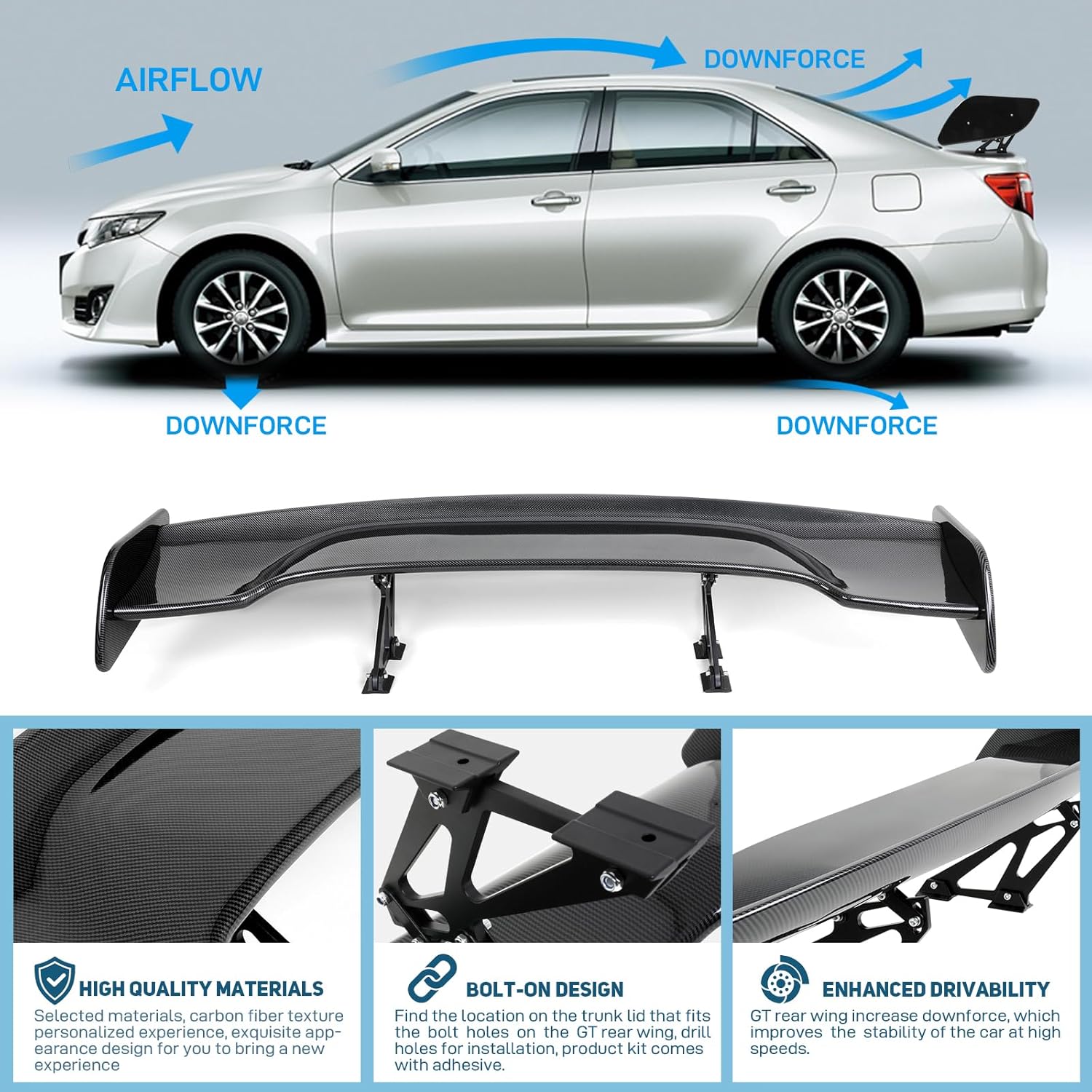 JMTBNO 57 Inch Rear Spoiler GT Style Carbon Fiber,Universal Car Rear Trunk Spoiler Wing Spoiler Compatible with Honda Civic Chevy Corvette Mustang Camaro Nissan Ford