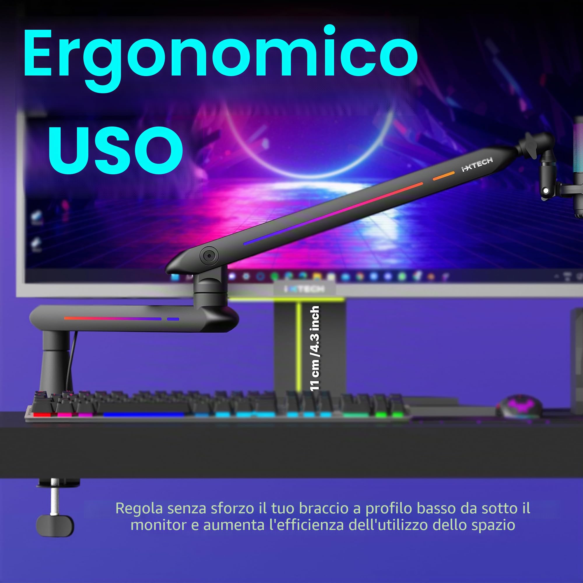 IXTECH Braccio RGB a basso profilo per microfono, supporto regolabile con morsetto per montaggio a scrivania, braccio girevole per gestione dei cavi per podcast streaming