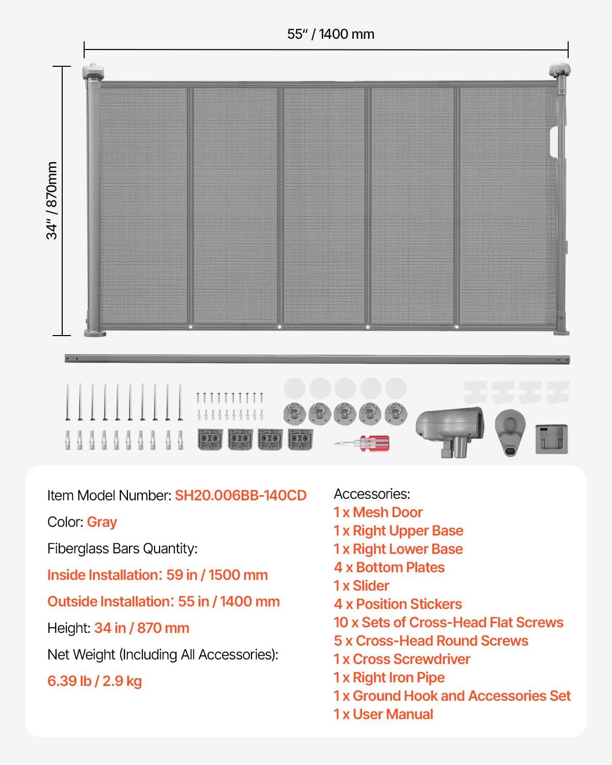 VEVOR Retractable Baby Gate, 34 inch Tall, Extends up to 55 inch Wide, Retractable Gate for Kids or Pets, Mesh Material, Easy to Install for Indoor Stairs, Doorways, Hallways, Playrooms, Gray