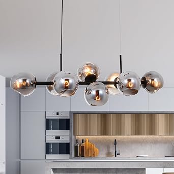 8-Light Smoke Gray Glass Chandelier Modern Black Sputnik Chandelier Farmhouse Linear Chandelier Glass Globe Pendant Light for Vintage Kitchen Island Lighting
