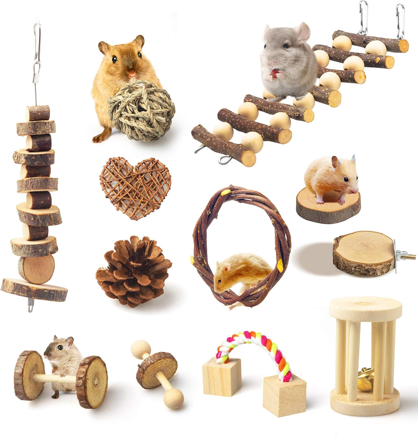 Hamster Chew Toys, 12 Pack Natural Wooden Pine Guinea Pigs Rats Chinchillas Toys Accessories, Exercise Bell Roller Teeth Care Molar Toy…
