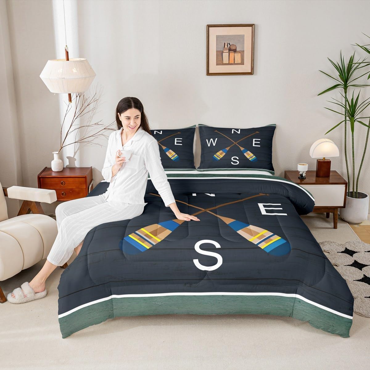 Castle Fairy Lake House Boating 3 Pcs Queen Size Comforter Set,Navigation Compass Down Alternative Adults Bedroom Decor,Navy Blue Wooden Board Ultra Soft Microfiber Inner Fill 3Pcs Bedding