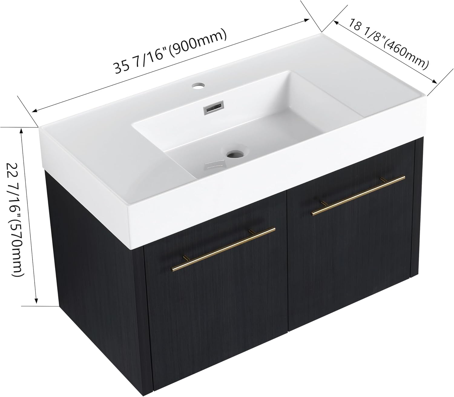36" Modern Single Sink Vanity with Thick Edged Resin Basin & Soft Close Doors, Wall Mounted Black Bathroom Cabinet