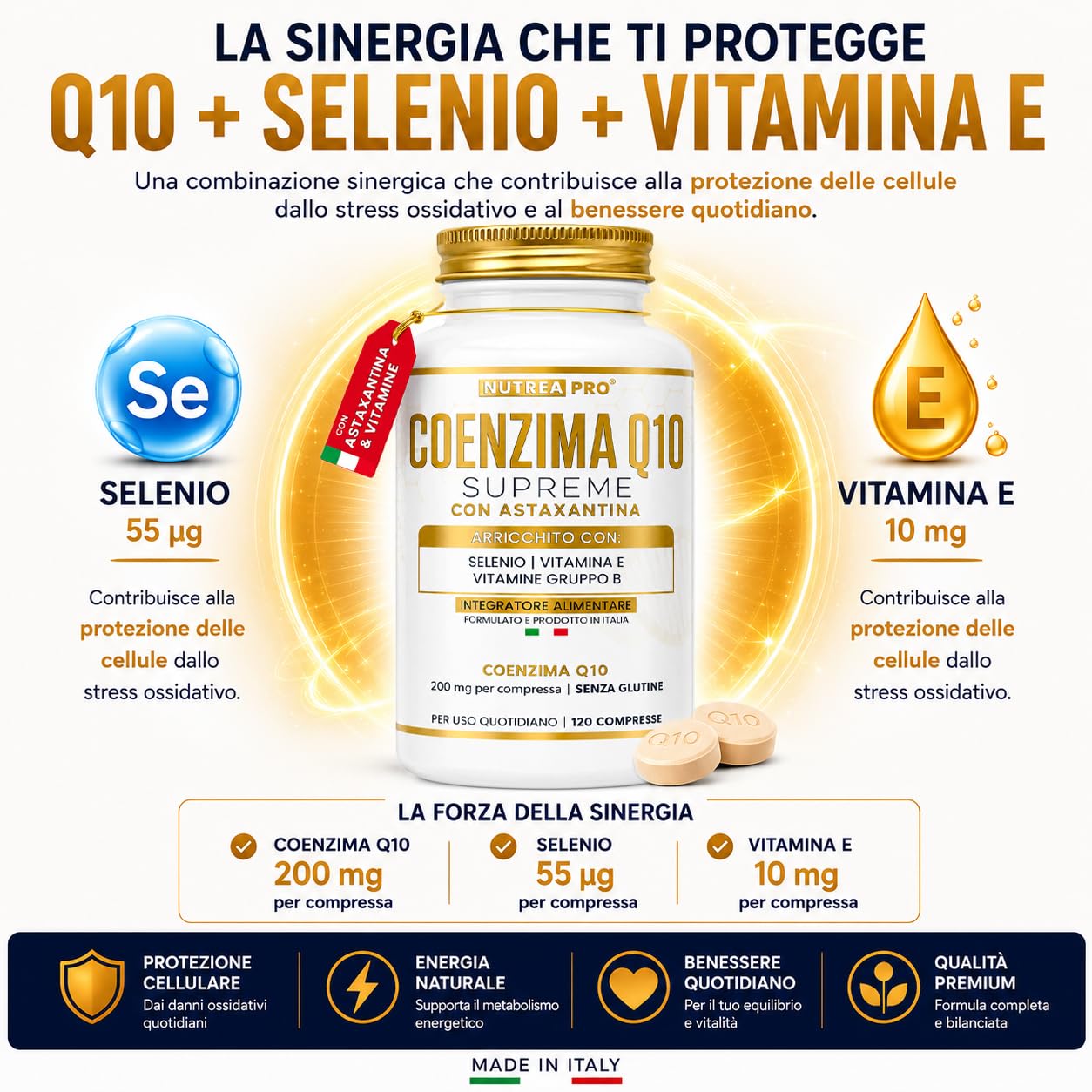 Coenzima Q10 200mg con Astaxantina 1mg |Coenzima Q10 migliore stabilità del normale q10 ubichinolo| Q10 Coenzima complex formulata con coq10 Astaxantina Vitamina E B12 B6 B2| NUTREAPRO®
