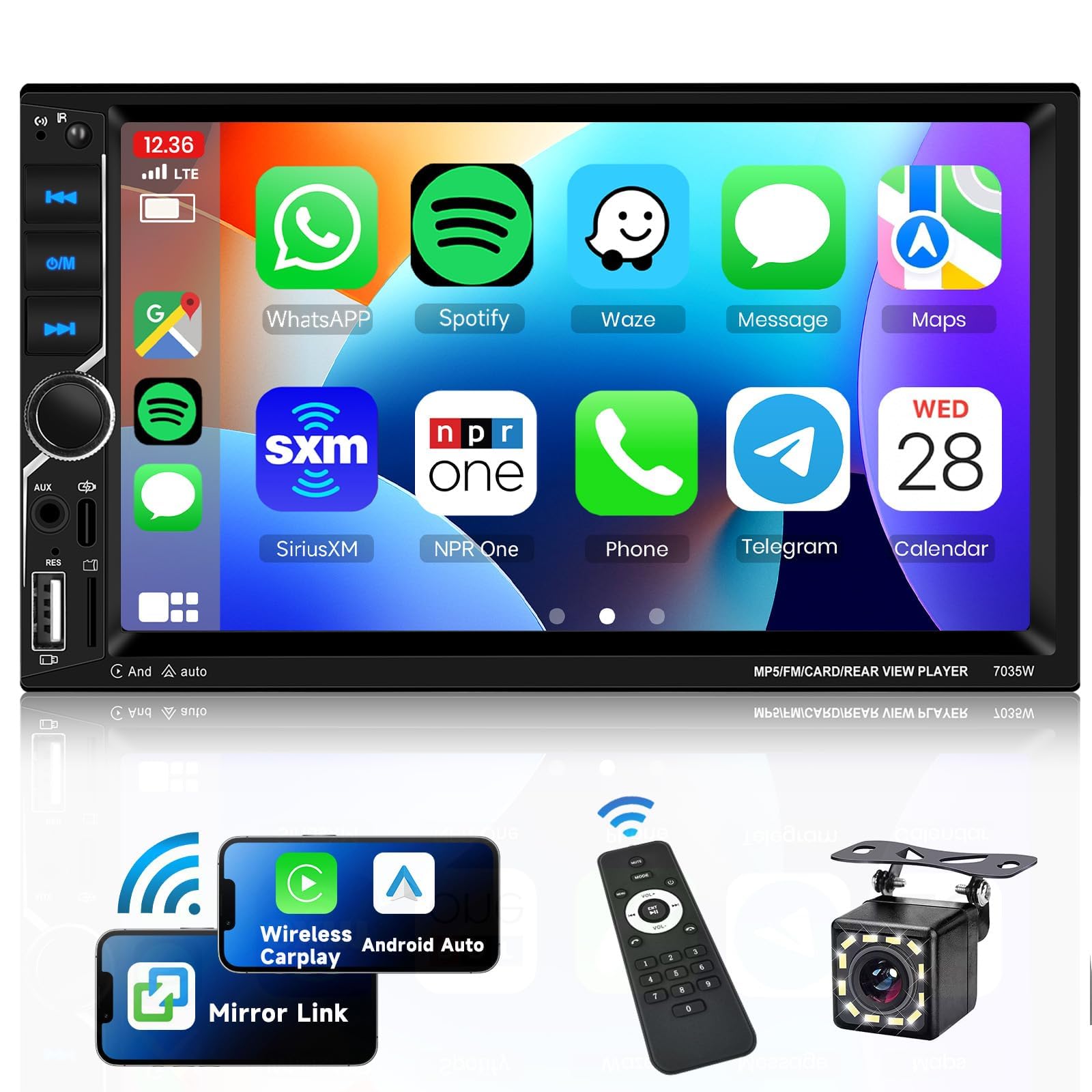 VECHTEL Autoradio 2 Din con Carplay Android Auto senza Fili, 7 Pollici Touch Screen Bluetooth Stereo Auto Radio FM Type-C/USB/TF/AUX Mirror Link SWC MIC Telecamera Posteriore Telecomando