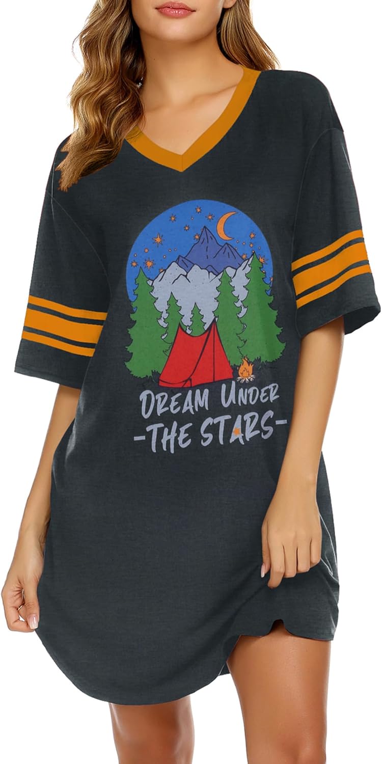 Ekouaer Nightgowns for Women Cotton Night Gown Short Sleeve Sleepwear V Neck Color Block Sleep Shirts Ladies Night Shirts