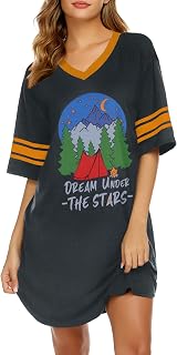 Ekouaer Womens Nightgown Cotton Sleepwear Short Sleeve Sleep Shirt V Neck Color Block Nightshirt